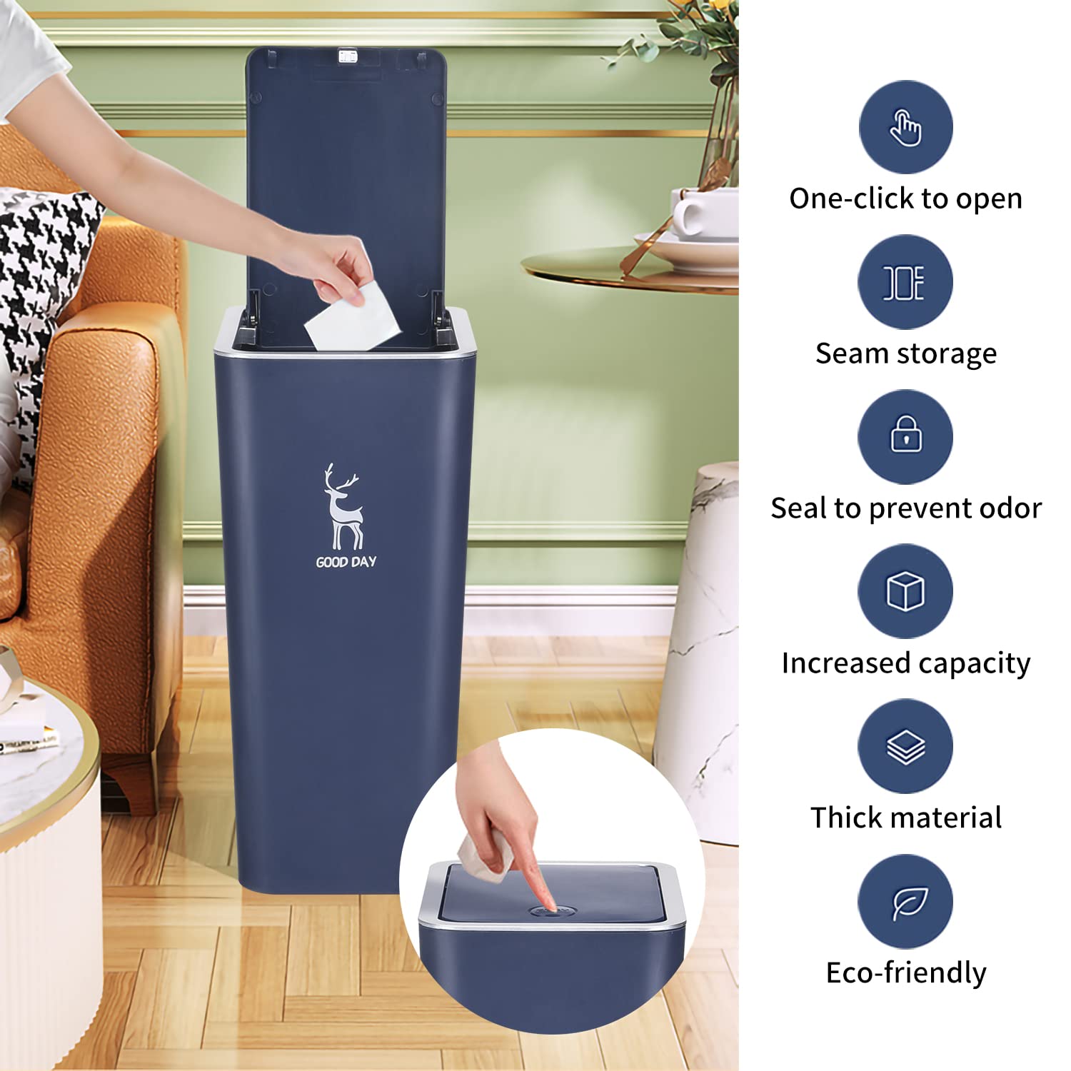 Trash Can, Plastic Garbage Can,2 Gallon Waste Basket for Bathroom, Bedroom, Modern Home Garbage Bin with Push Button, Office Trash Bin for Living Room,Toilet, Outdoor (Navy Blue)