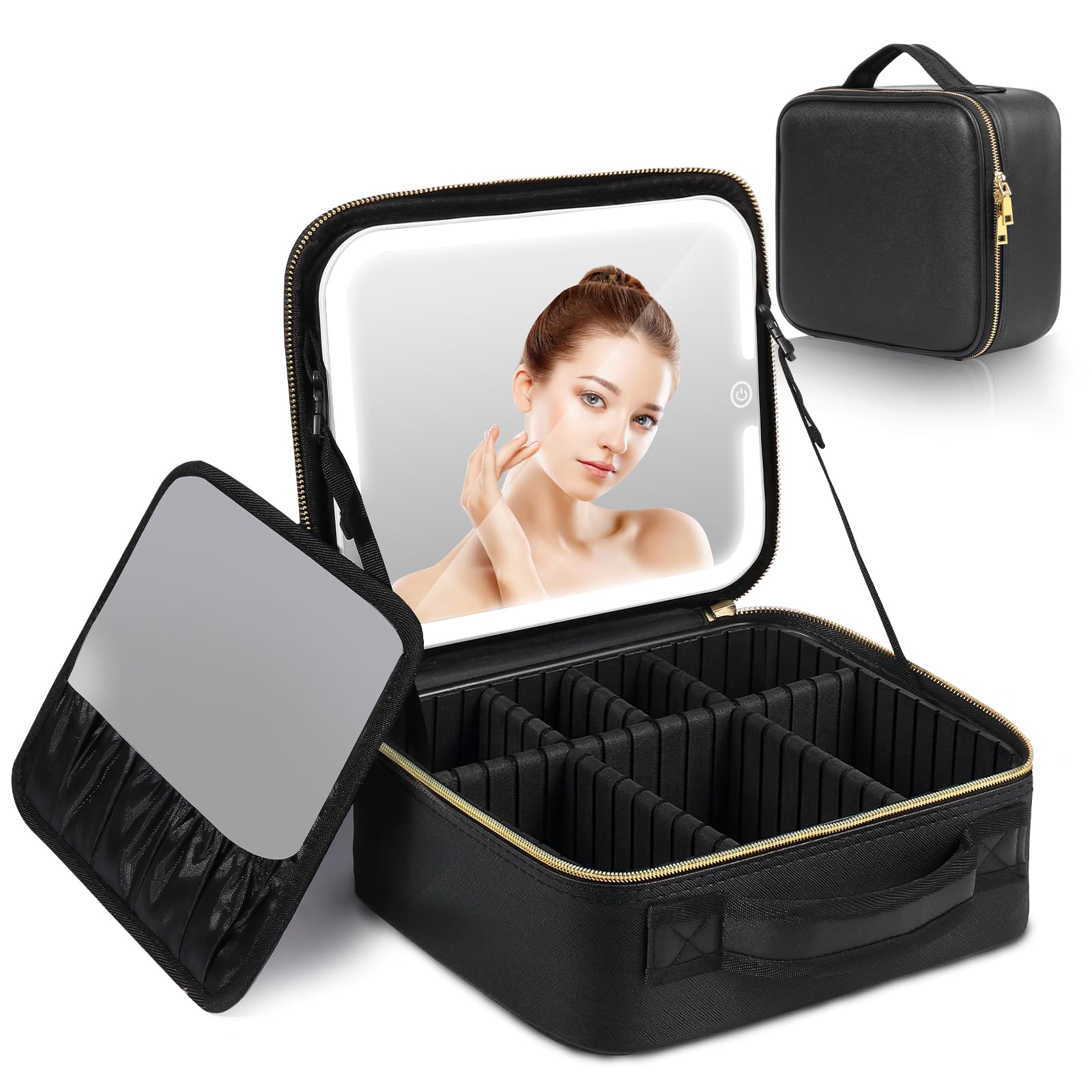 LIONVISON Neceser Maquillaje con Espejo LED: Organizador de Maquillaje Profesional con 3 Modos de Luz y Compartimentos - Bolsa de Maletin Maquillaje Negro - Bolsa de Neceser Mujer para Viajar
