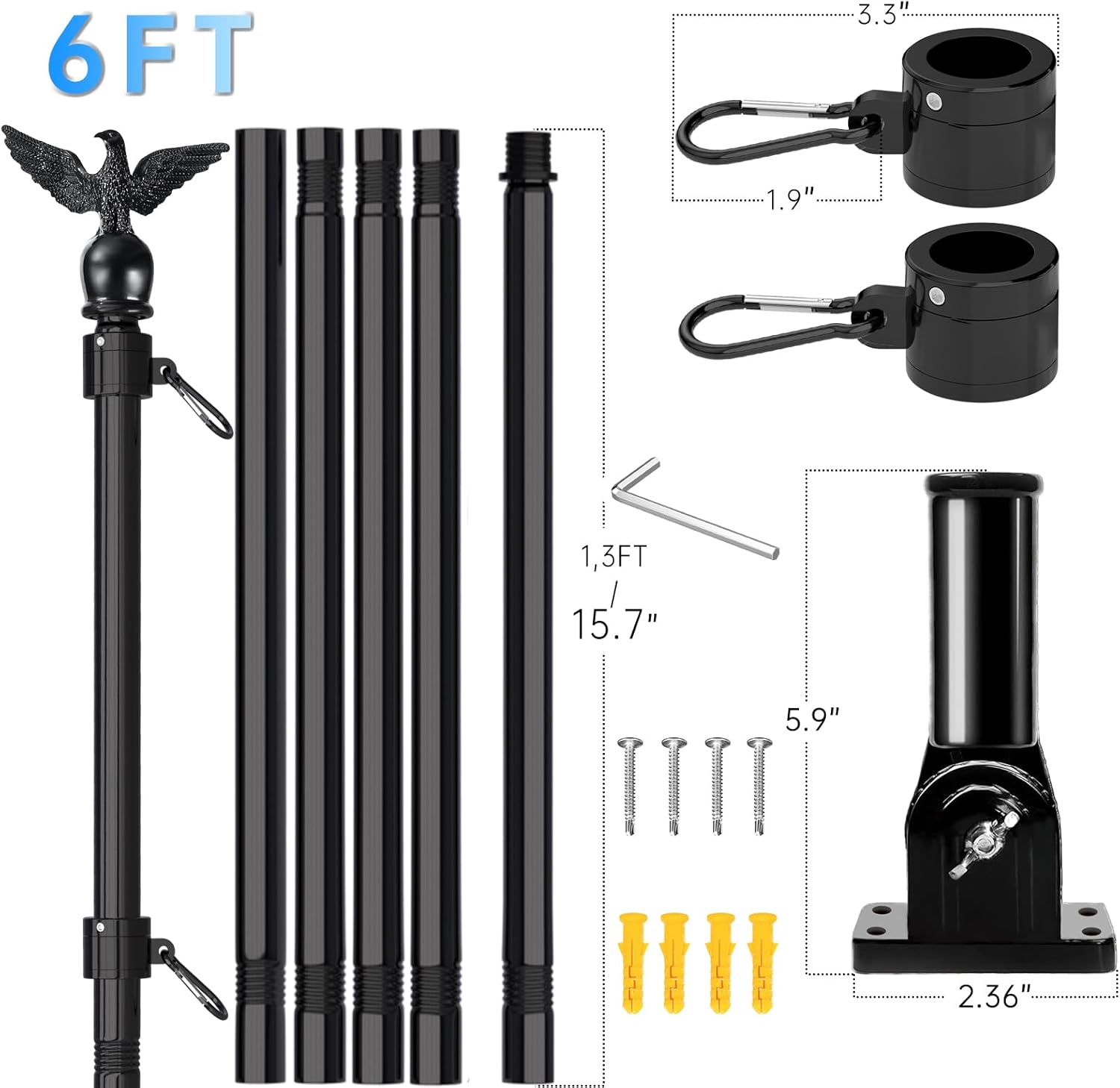LETSTRY 6FT Flagpole Kit for House with Solar Light and Adjustable Bracket, 1' Thickened Stainless Steel Outside Wall Mount Flagpole for 3x5' American Flag, for Residential, Outdoor or Porch, Black - Image 2