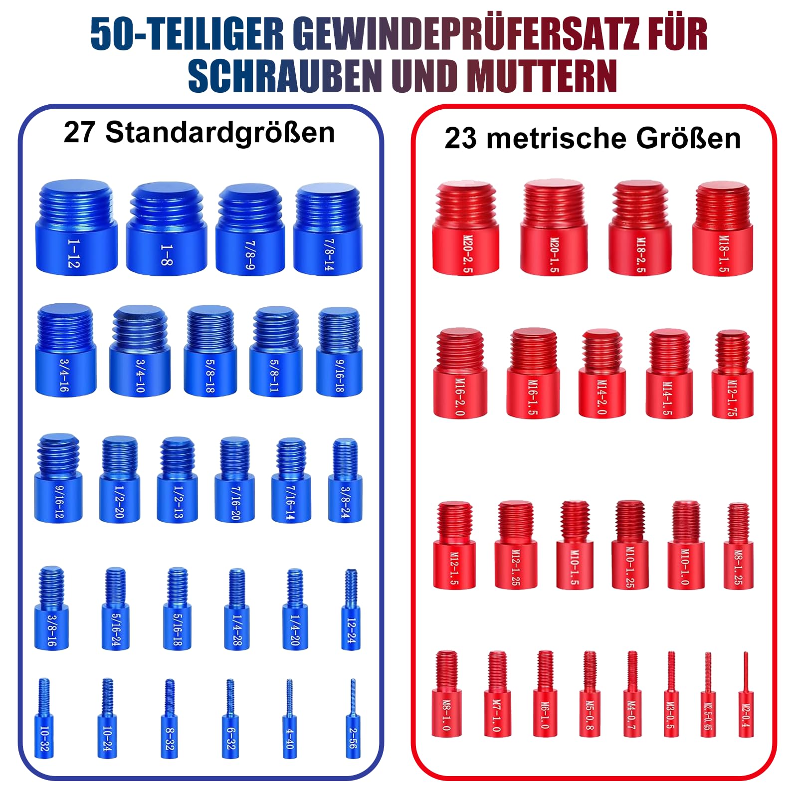 Gewindelehre Set 50-Teiliges, Aluminiumlegierung Gewindelehre, mit Metrisches und Zoll-Gewinde, Ideal zum Messen und Prüfen von Gewindegrößen