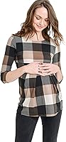 Vista 1 de LaClef - Blusa de maternidad para mujer, cuello redondo, manga 3/4, plisada al frente, estilo peplum Cuadros marrones