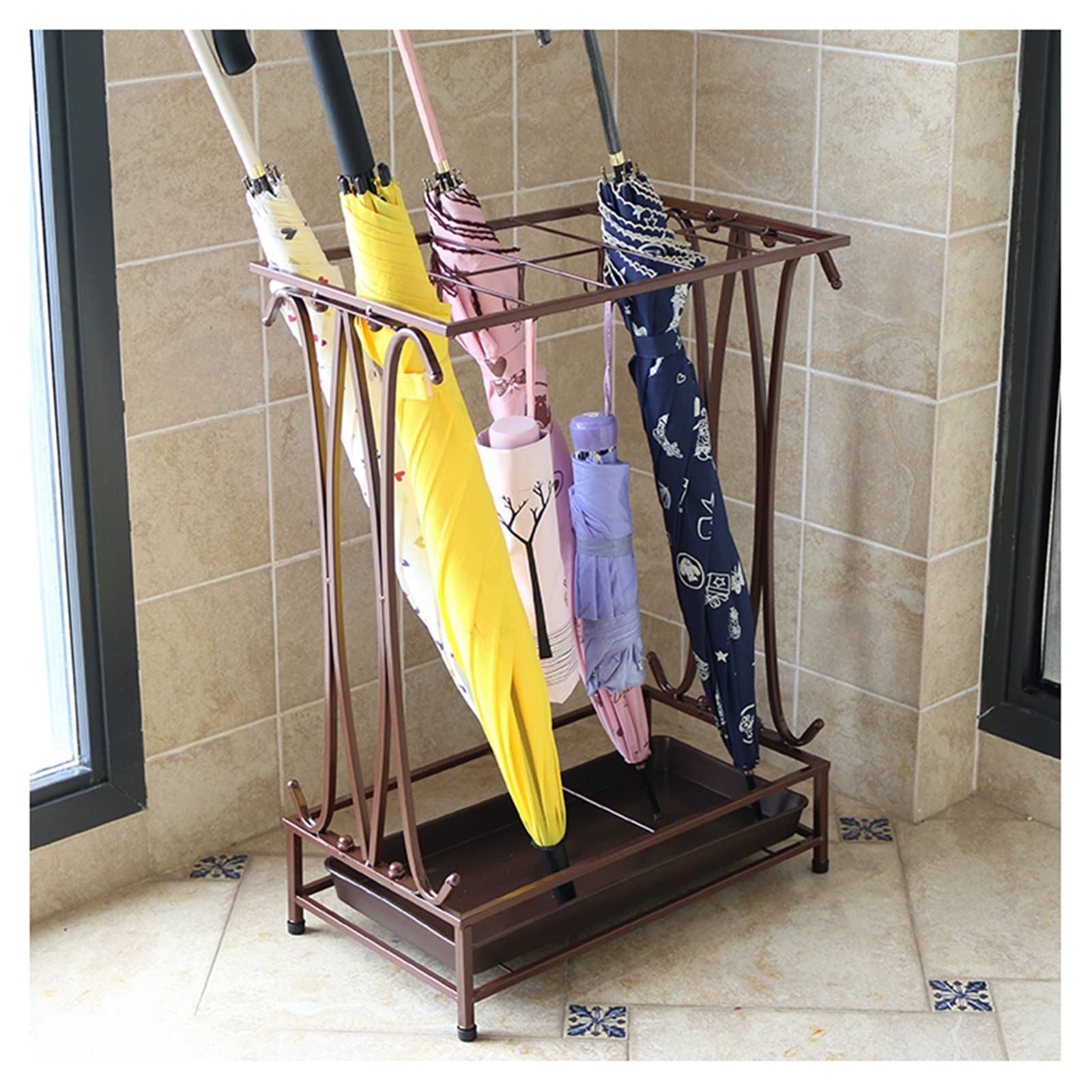 FCXWEVR High Capacity Umbrella Stand for Commercial and Home Use Brown (10 Holes + 8 Hooks) Ideal for Hallway Office and Door Storage