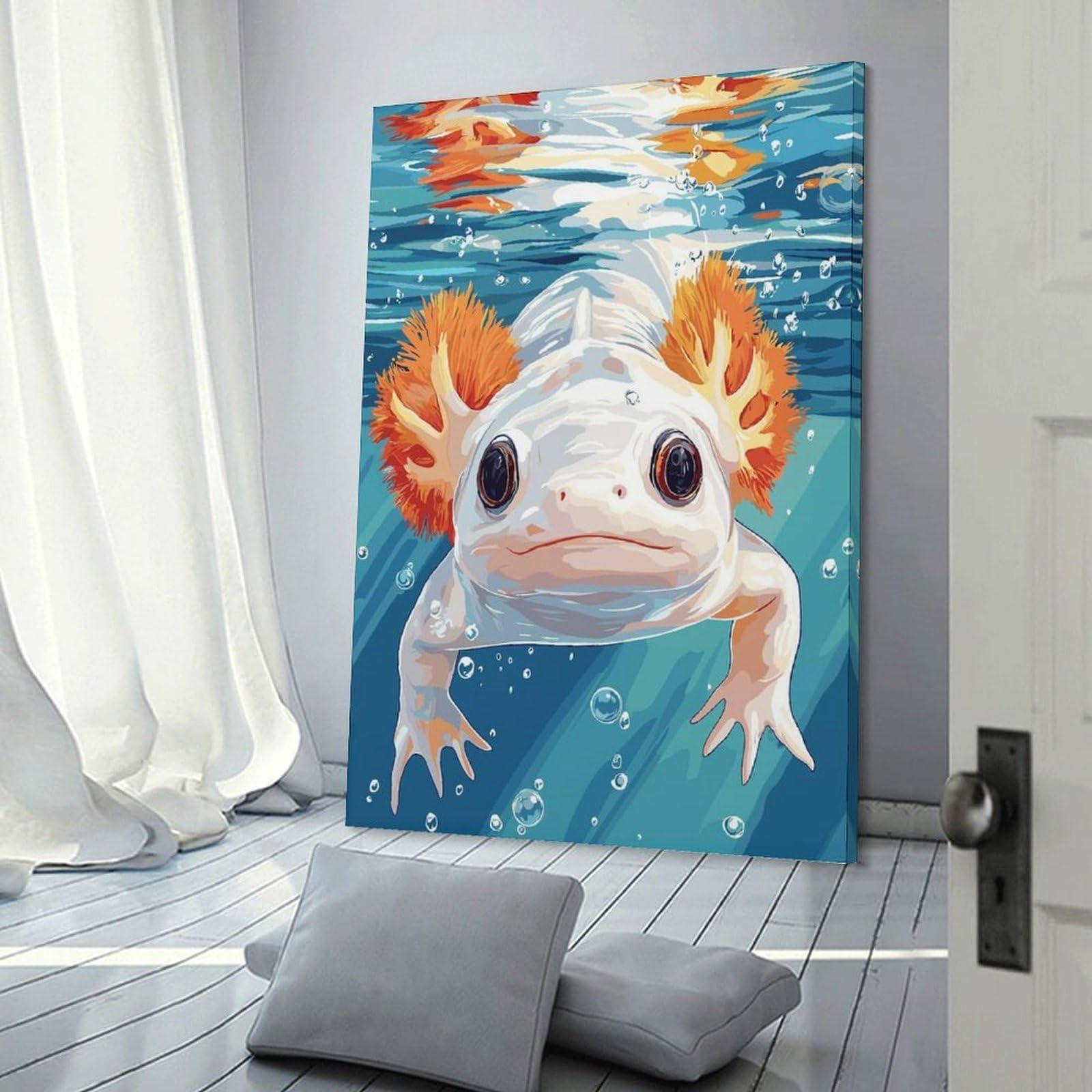 Junmoney Frame-Style-13 Axolotl Underwater Illustration Canvas Wall Art, 24X36inch(60X90cm), For Living Room, Bedroom Or Apartment Walls, Decorative Artwork For Empty Walls