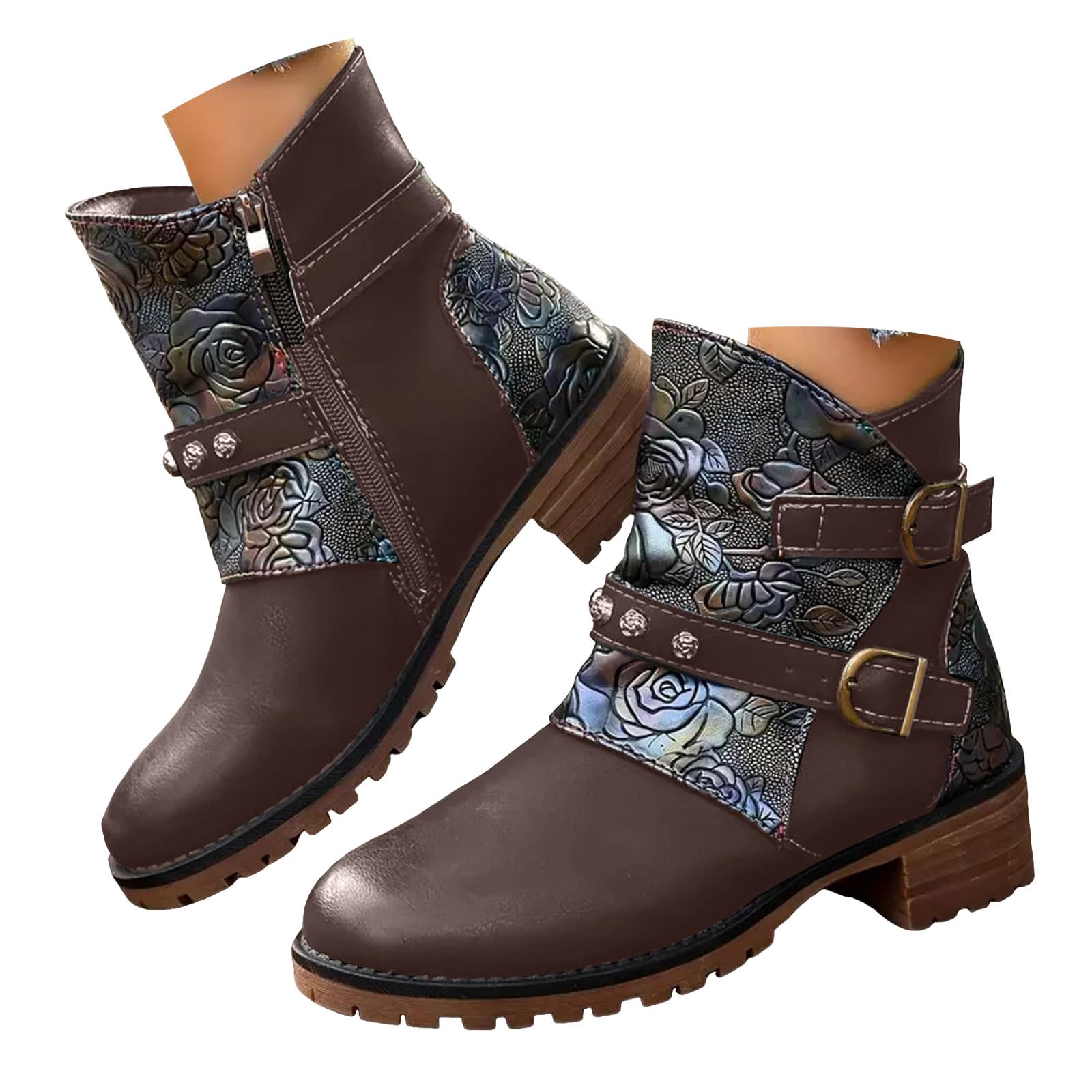Vintage Boots For Women Ethnic Boho Leather Round Toe Buckle Boots Floral Hand Painted Ankle Boot with Side