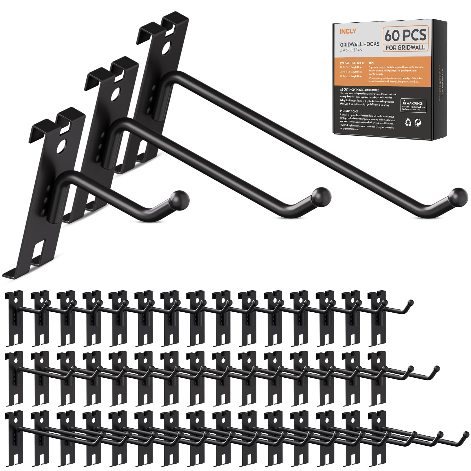 INCLY 2/4/6 Inch Black Gridwall Hooks, 60 Pack Heavy Duty Display Hooks for Grid Wall Panels, Grid Wall Accessory for Storage Display in Retail Shop Garage