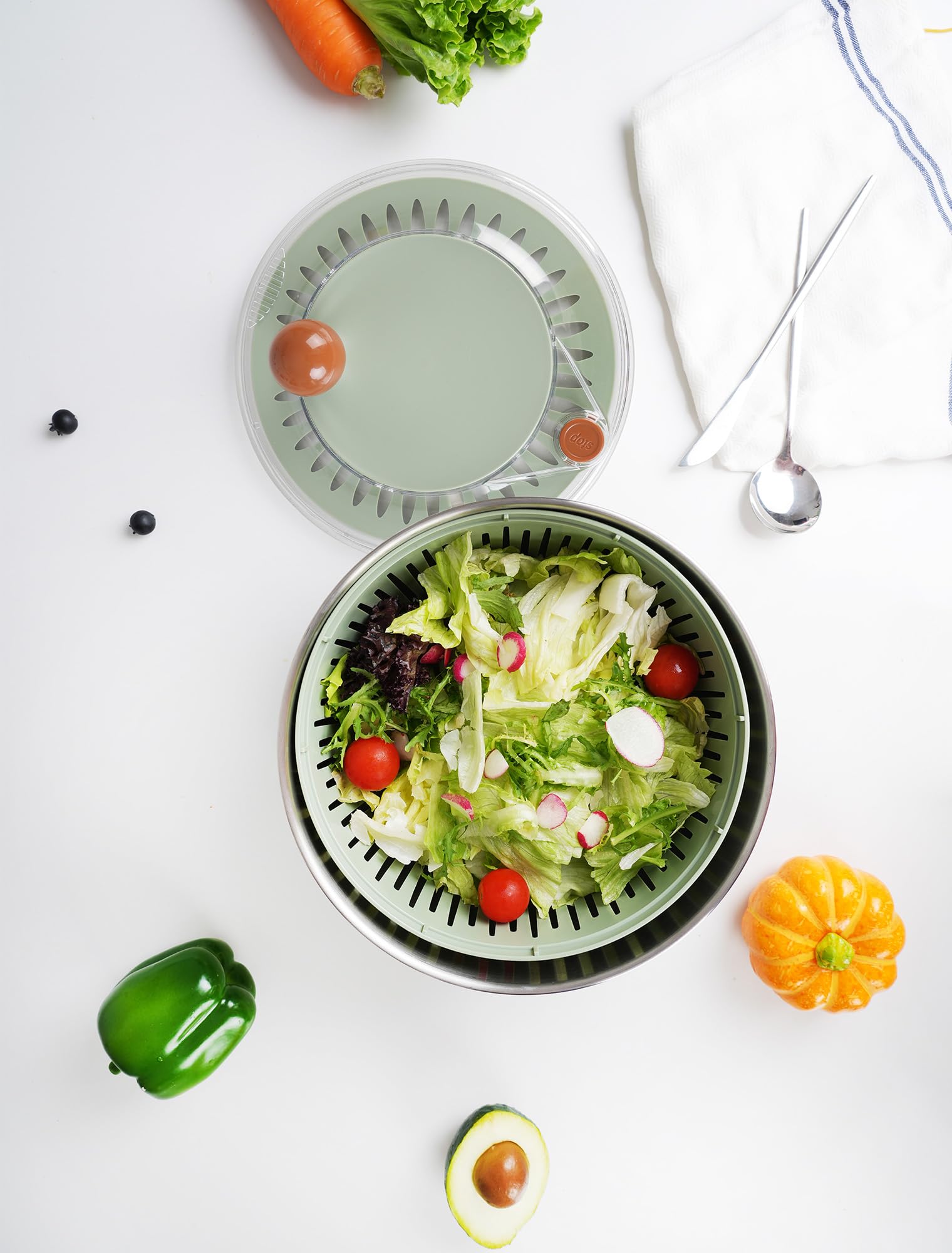 Lunememo 5L Essoreuse à Salade en Acier Inoxydable 18/10, Base Antidérapante, Bouton Stop, Utilisable en Saladier Inox, Sans BPA