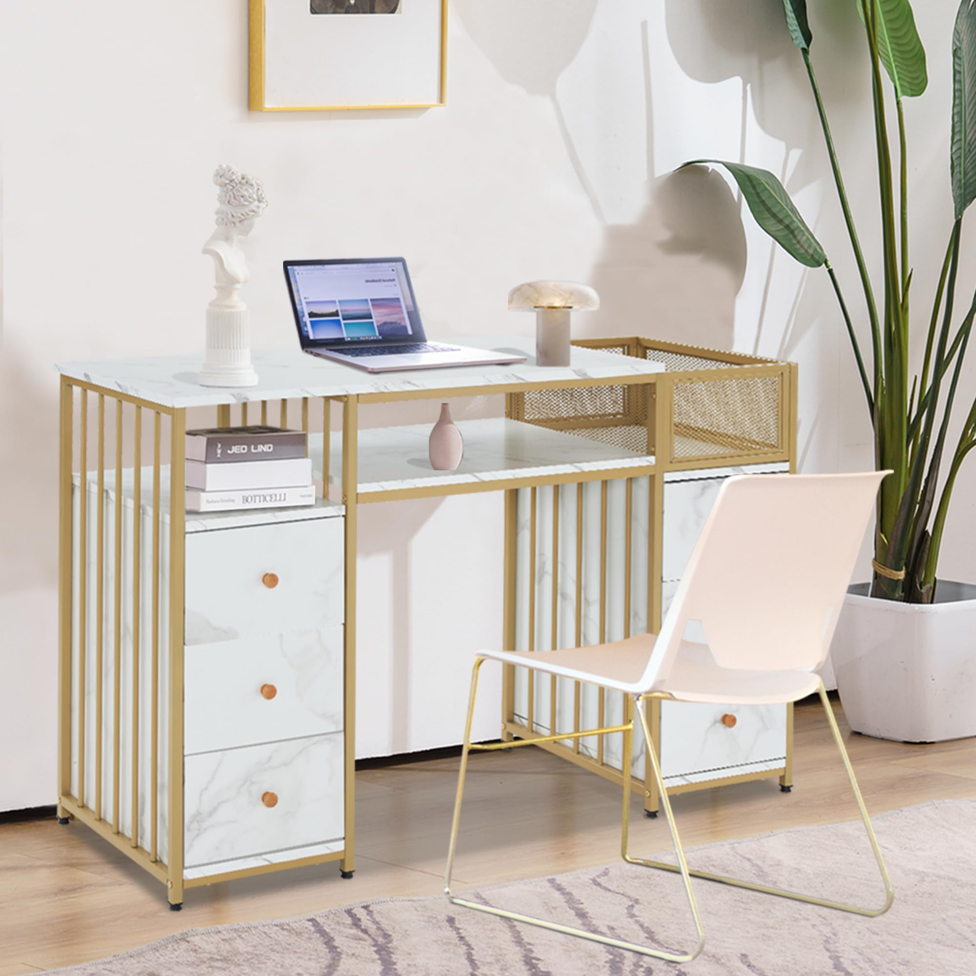 M MCombo Schreibtisch mit 6 Schubladen, Nageltisch, Manikürtisch, Schminktisch ohne Spiegel Modern, Computertisch mit Ablagen Wohnzimmer, 46x125x81cm, 2425 (Weiß-Gold)