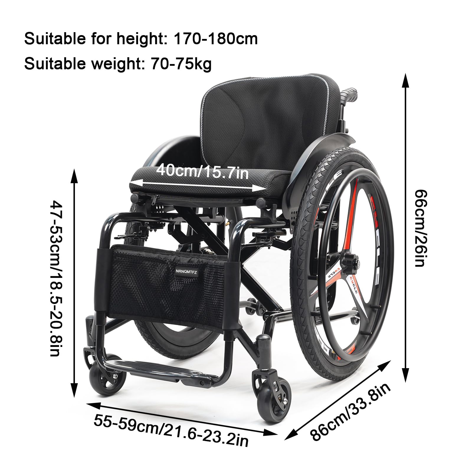 Sedia a Rotelle Sport All'Aria Aperta, Sedia a rotelle pieghevole Super-leggera da transito in alluminio,Carrozzina disabili ad autospinta con freno a mano,carico 100 kg(Seat width 40cm/15.7in,Black)