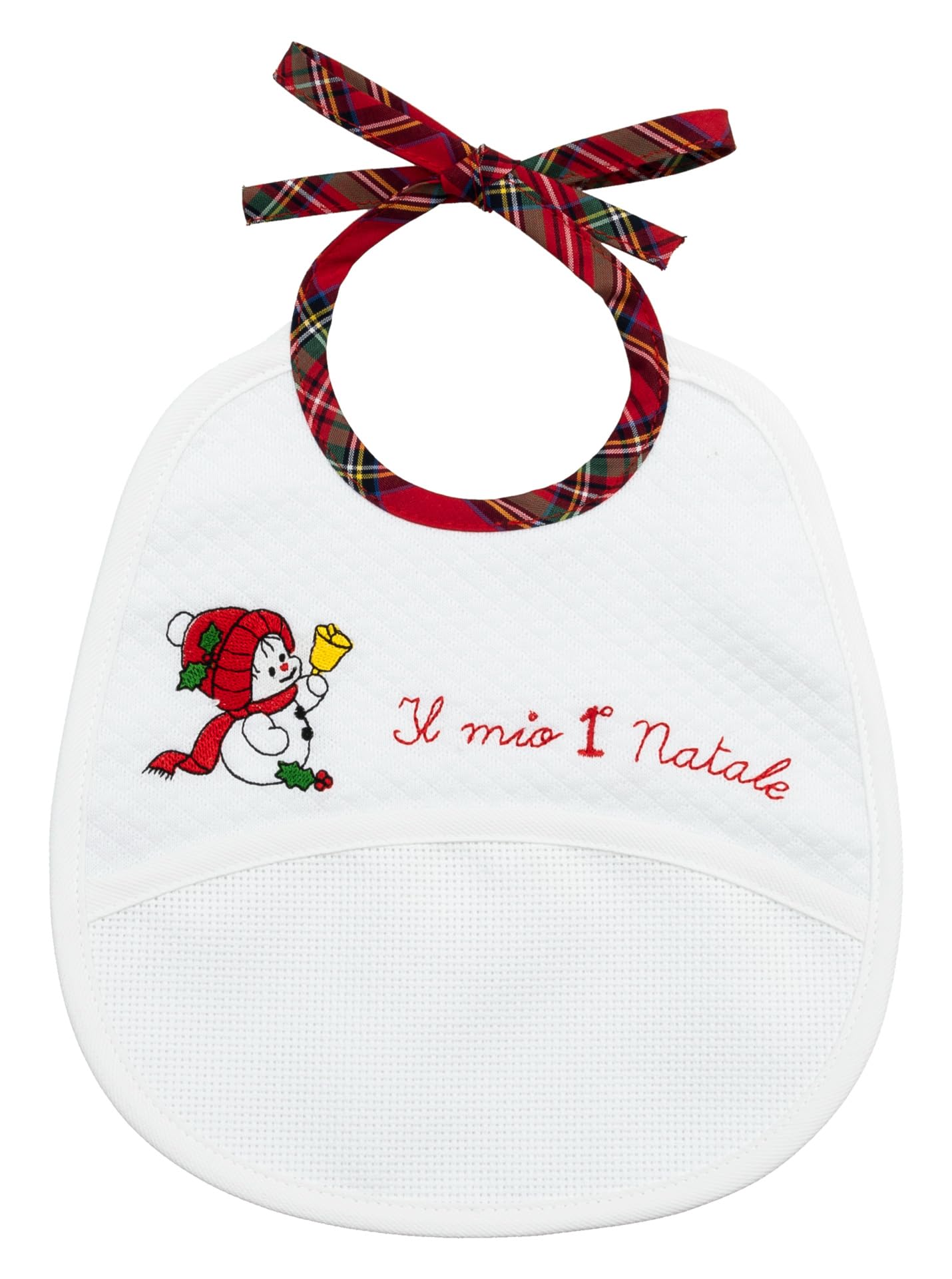 Filet White - Christmas Bib For Babies In Soft Cotton Fabric With Aida Pocket To Embroider, Snowman Embroidery And My First Christmas, Made In Italy