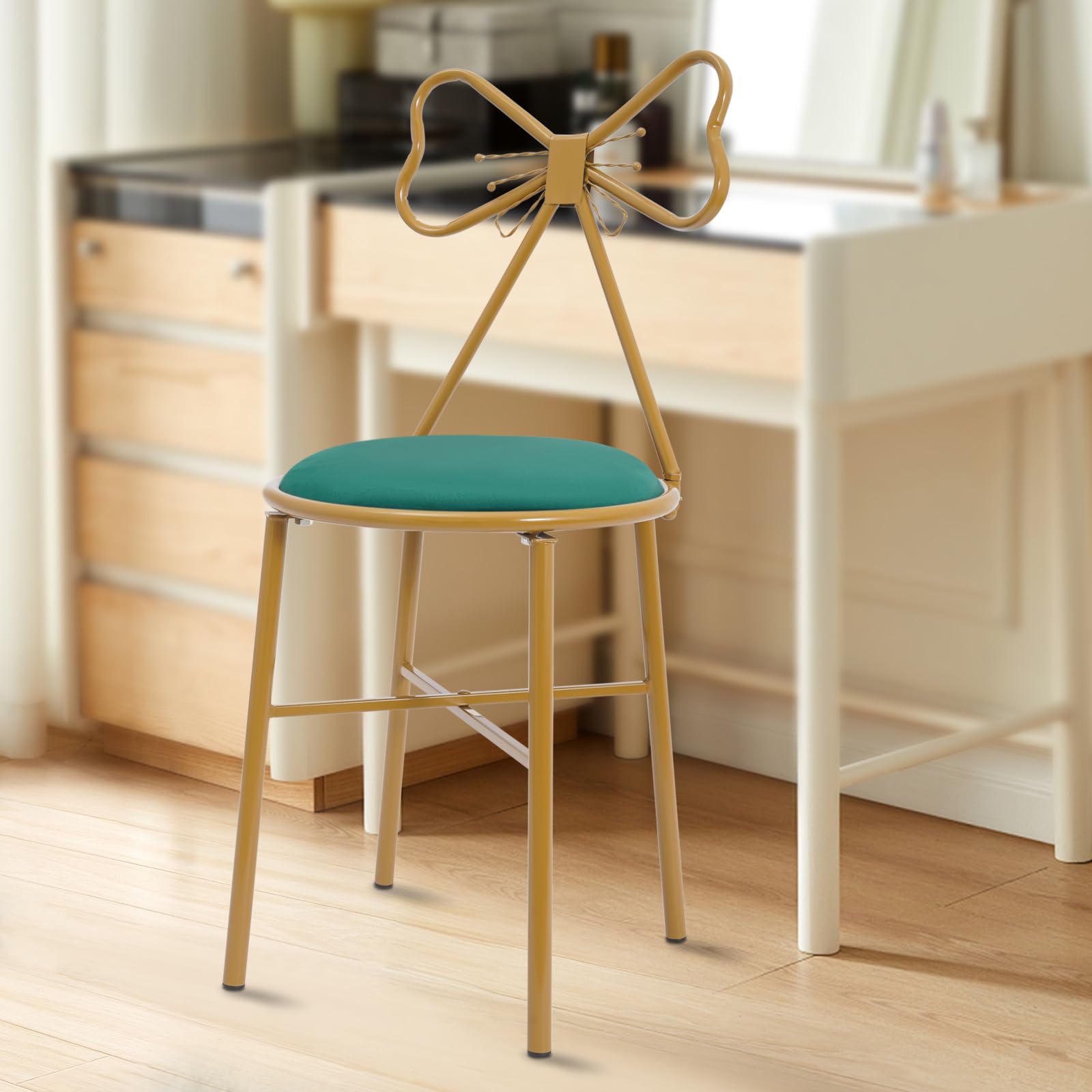 Oiveinya Bow Chair Vanity Chair Bow-Shaped Butterfly Stool Butterfly Shaped Stool Vanity Stools with Butterfly Backrest Chairs Modern Makeup Ottoman for Girl Bedroom Dressing Room Table (Green Suede)