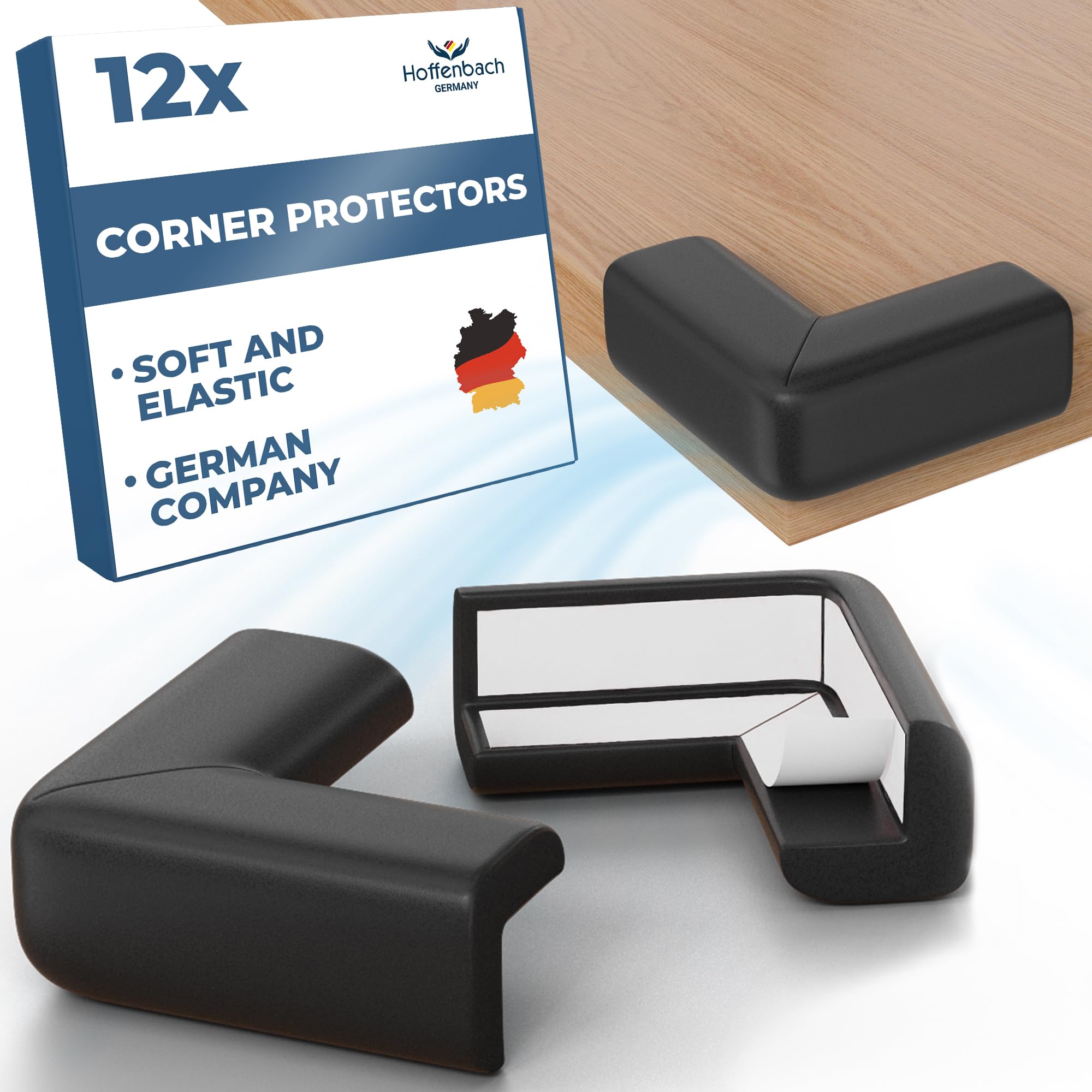 Hoffenbach 12x Baby Corner Protectors – Soft Foam Edge Guard for Kids – Self-Adhesive Bumpers for Child Safety, Furniture, Desks, Tables – Safe & Durable – Black