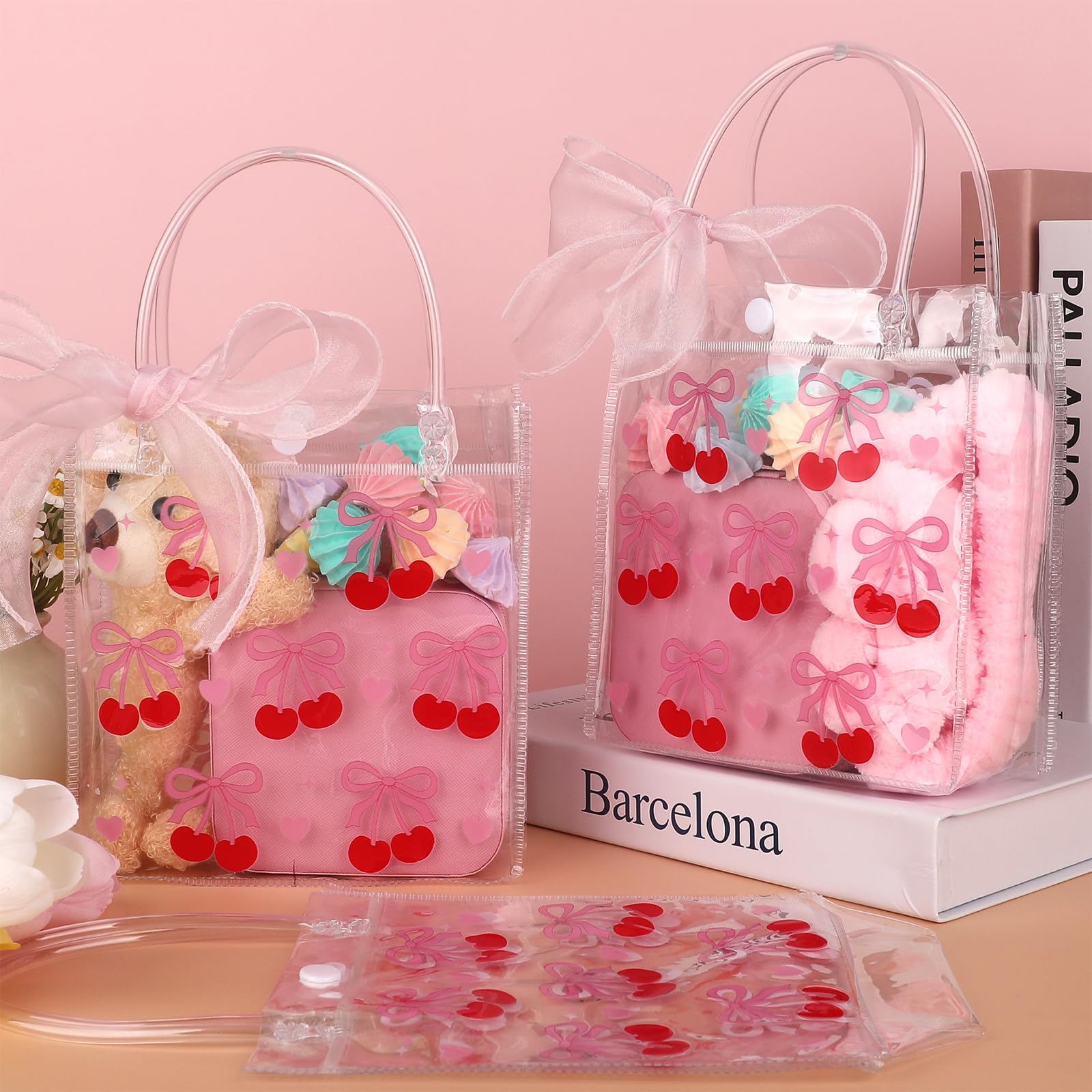 Photo 1 of 24 Pcs Cherry Party Favor Bags Clear PVC Cherry Ribbon Gift Bags with Handles Reusable Party Favor Bag for Girls Women Birthday Wedding Baby Shower Party, 6.3x5.9x2.8 Inch