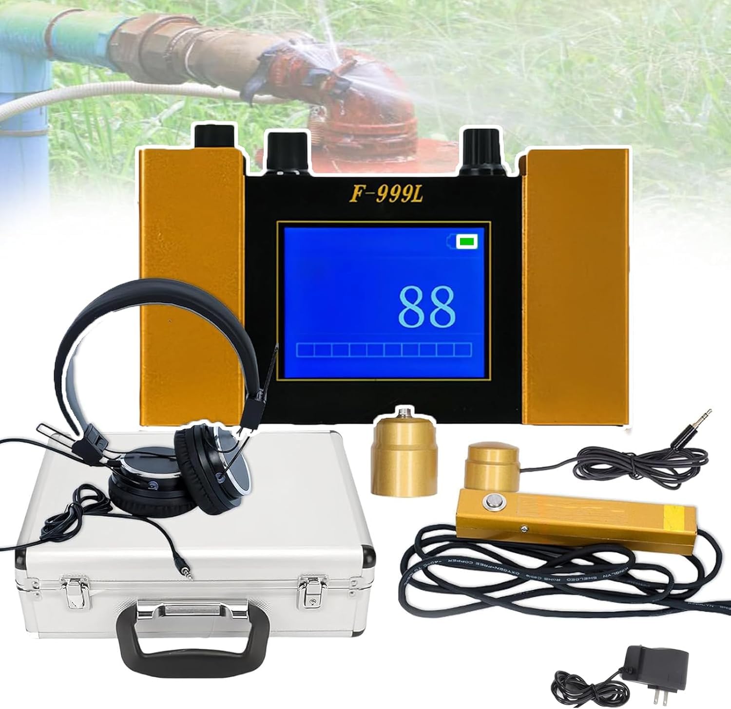 Detector de Fugas de Agua subterránea F999L con Auriculares, Sensor de geófono de Fugas de Agua, con Frecuencia Ajustable de 4 Niveles, para Pisos, Paredes