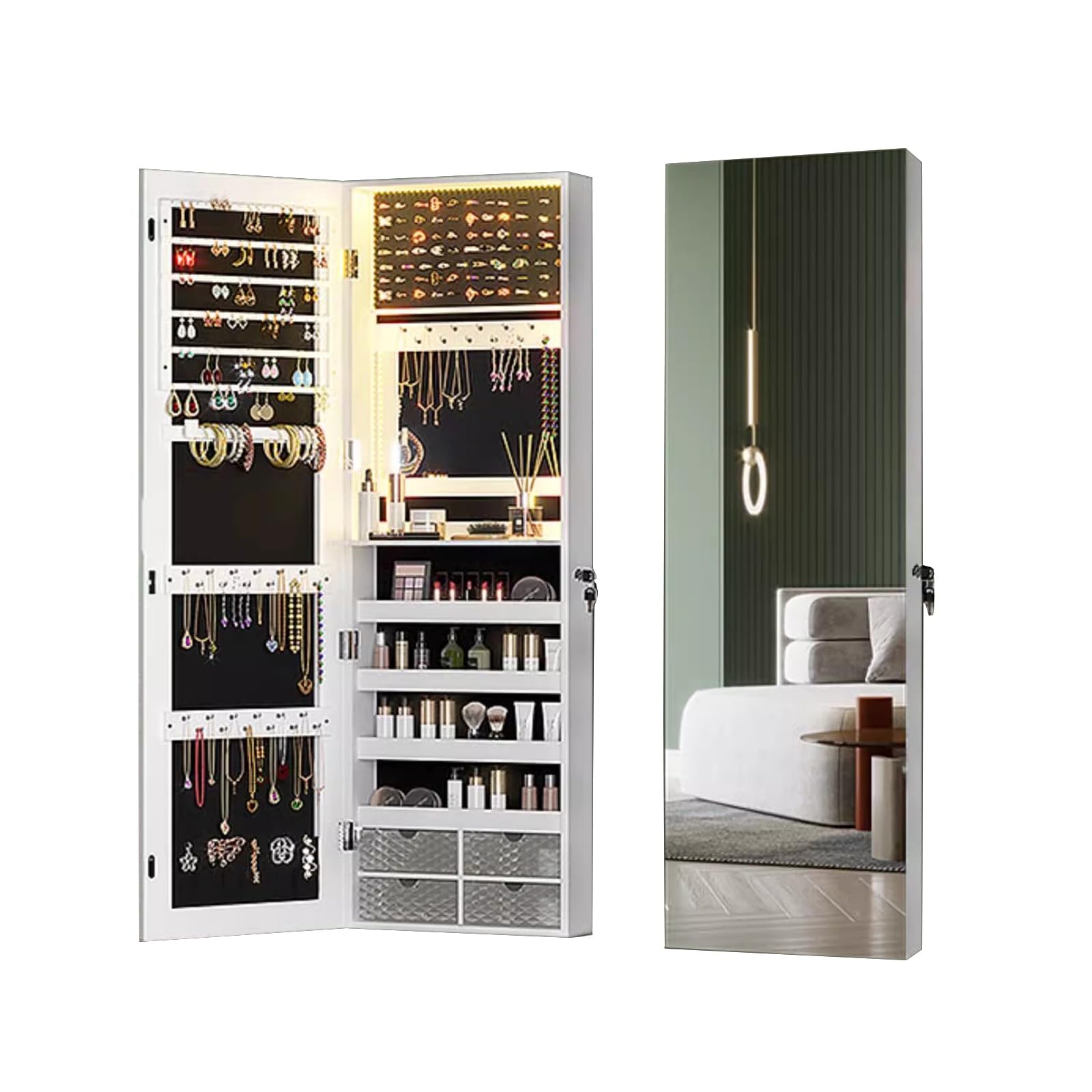 SanzIa SanzIa LED Espejo Joyero Gabinete, Interior Espejo de Maquillaje Armario de Joyería con Cerradura para Colgar en la Pared para Maquillaje y Joyería Organizador(Right Open)