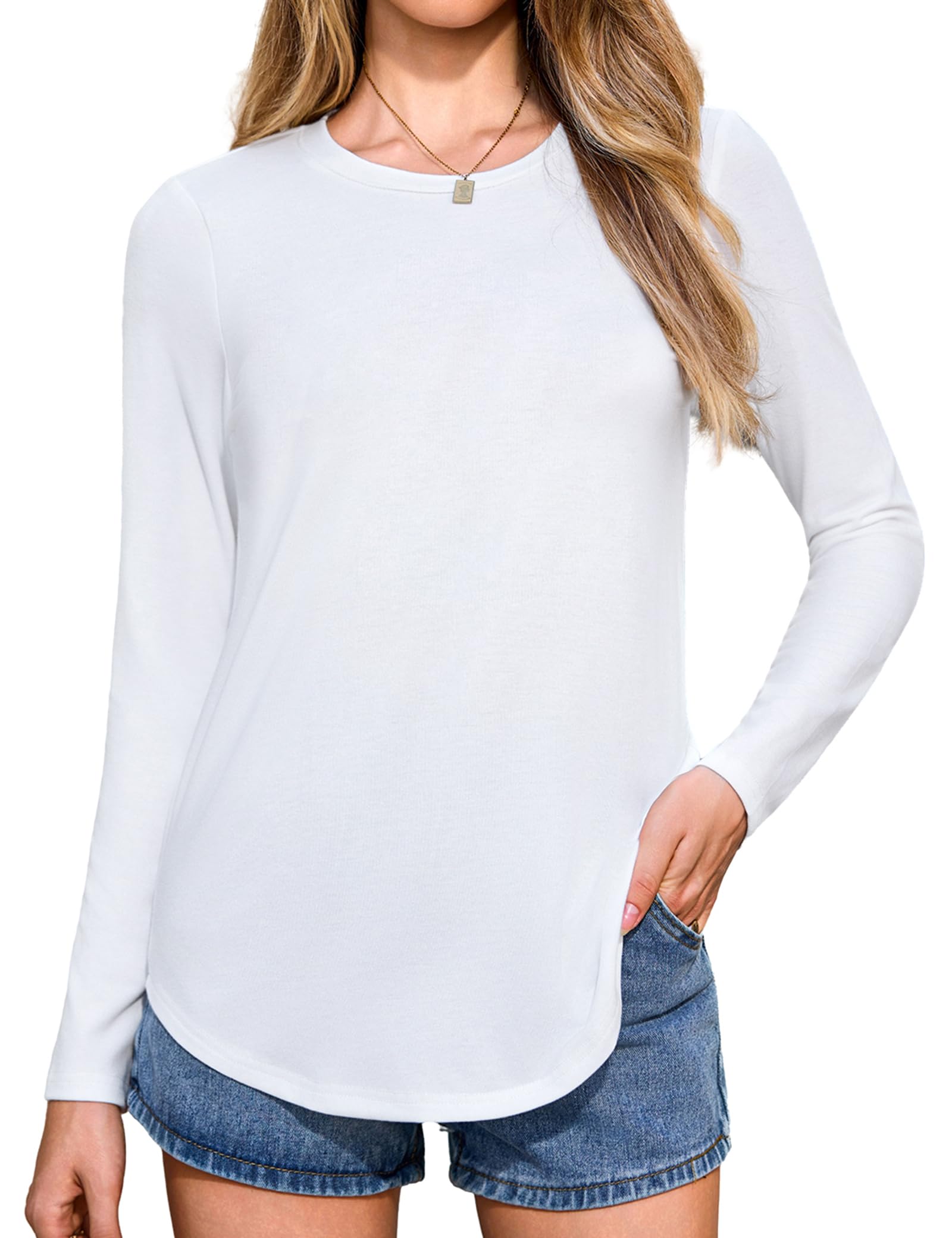 Aottori Langarmshirt Damen Rundhals Oberteile Langarm Shirt Elegant Lose Baumwolle Longshirt T-Shirt Pullover Einfarbig Basic Top Frühling Herbst