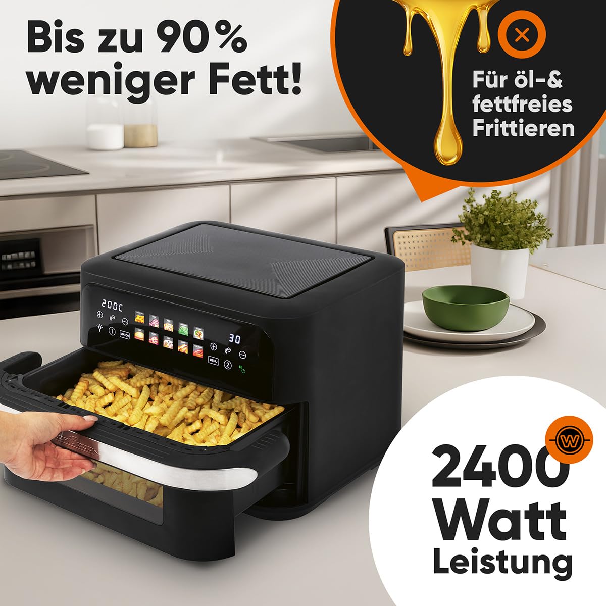 ProfiCook® XXL Heißluftfritteuse | 10L | Öl und Fettfrei | buntes Touch-Display | 2400W Airfryer | Heißluftfritteuse 2 Kammern | 10 Programme | 80-200°C | Heissluftfritteuse | PC FR 1313 H