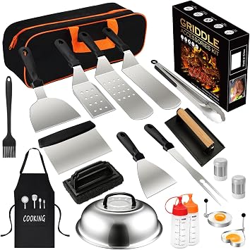 20PCS Griddle Accessories Kit, Flat Top Grill Accessories Set for Blackstone and Camp Chef, Grill Spatula Set with Enlarged Spatulas, Basting Cover, lron Smash Burger Press for Outdoor Barbecue