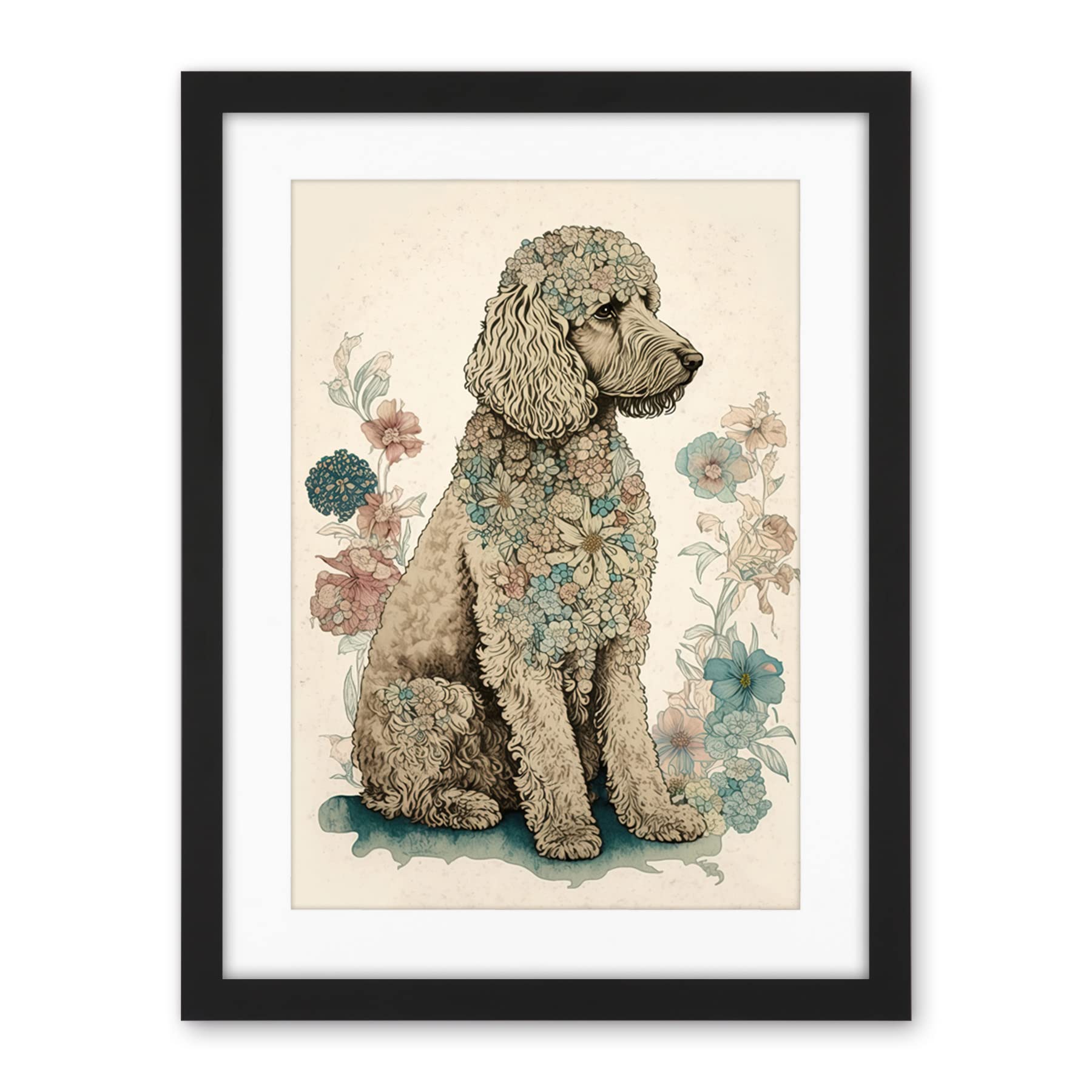 Artery8 Poodle Dog with Flower Fur Coat Modern Boho Watercolour Illustration Artwork Framed Wall Art Print 18X24 Inch