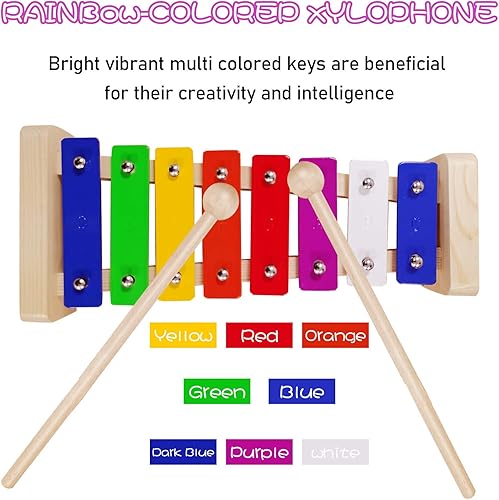 Miniatura 5 de Xilófono para niños, Glockenspiel con 2 mazos seguros para niños, 8 notas diatónicas, barras de metal coloridas con desarrollo educativo musical,