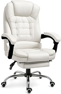 RMF Fauteuil de Bureau Ergonomique Inclinable Professionnel – Chaise de Bureau Confortable et Relaxante avec Repose-Pieds – Fauteuil Détente Pivotant et Réglable en Hauteur Blanc