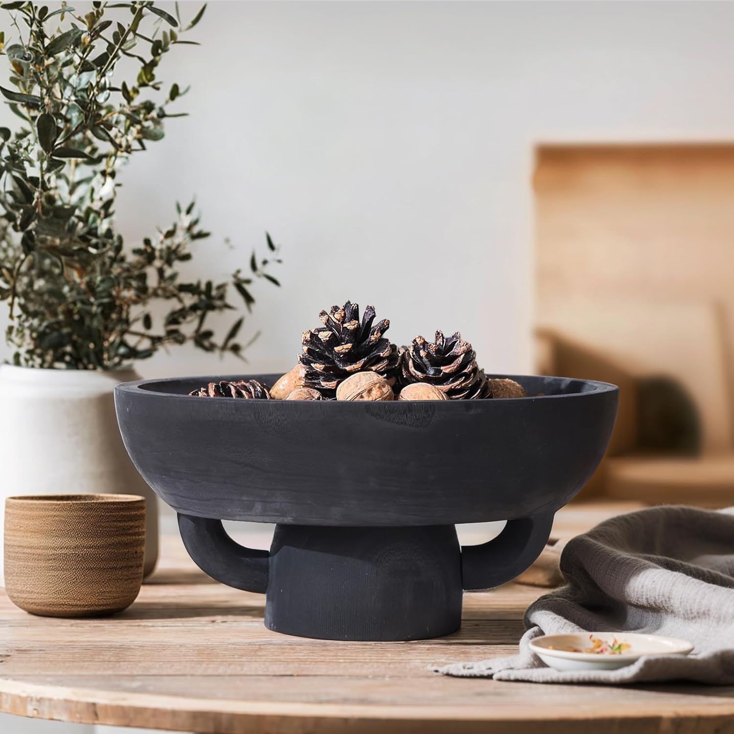 XMGZQ Black Decorative Bowl, Extra Large, Rustic Wooden Fruit Bowl for Home Decor, Kitchen Counter, Entryway & Table Centerpiece