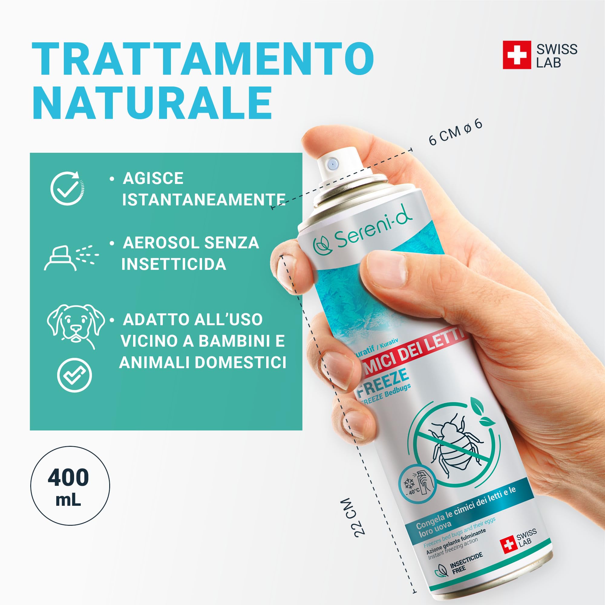 FREEZE CIMICI DA LETTO – TRATTAMENTO NATURALE FULMINANTE – L'azione FREEZE uccide le cimici da letto (uova, larve e adulti) con il freddo – Azione IMMEDIATA ed EFFICACE – Swiss Lab