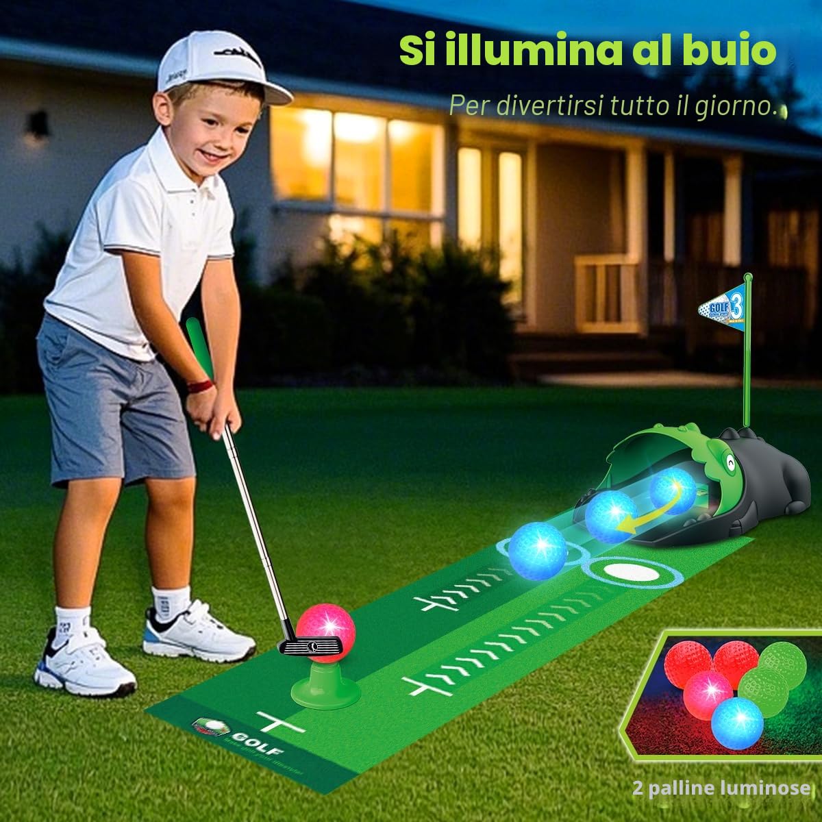 Giocattolo da Golf per Bambini Aggiornato con Raccoglitore Automatico, Palline da Golf Luminescenti a LED,Mazze, Tappetino da Putting,Mini Golf per 3-8 Anni, Giochi Sportivi per Ragazzi e Ragazze 3+