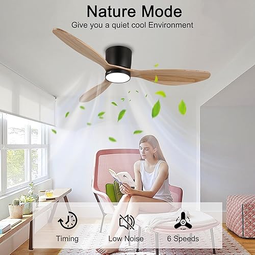 Miniatura 8 de reiga 52" Natural Wood Ceiling Fan with Light and Remote, 3 Blade Flush Mount Low Profile Ceiling Fan for Bedrooom Living Room, Quiet DC Motor