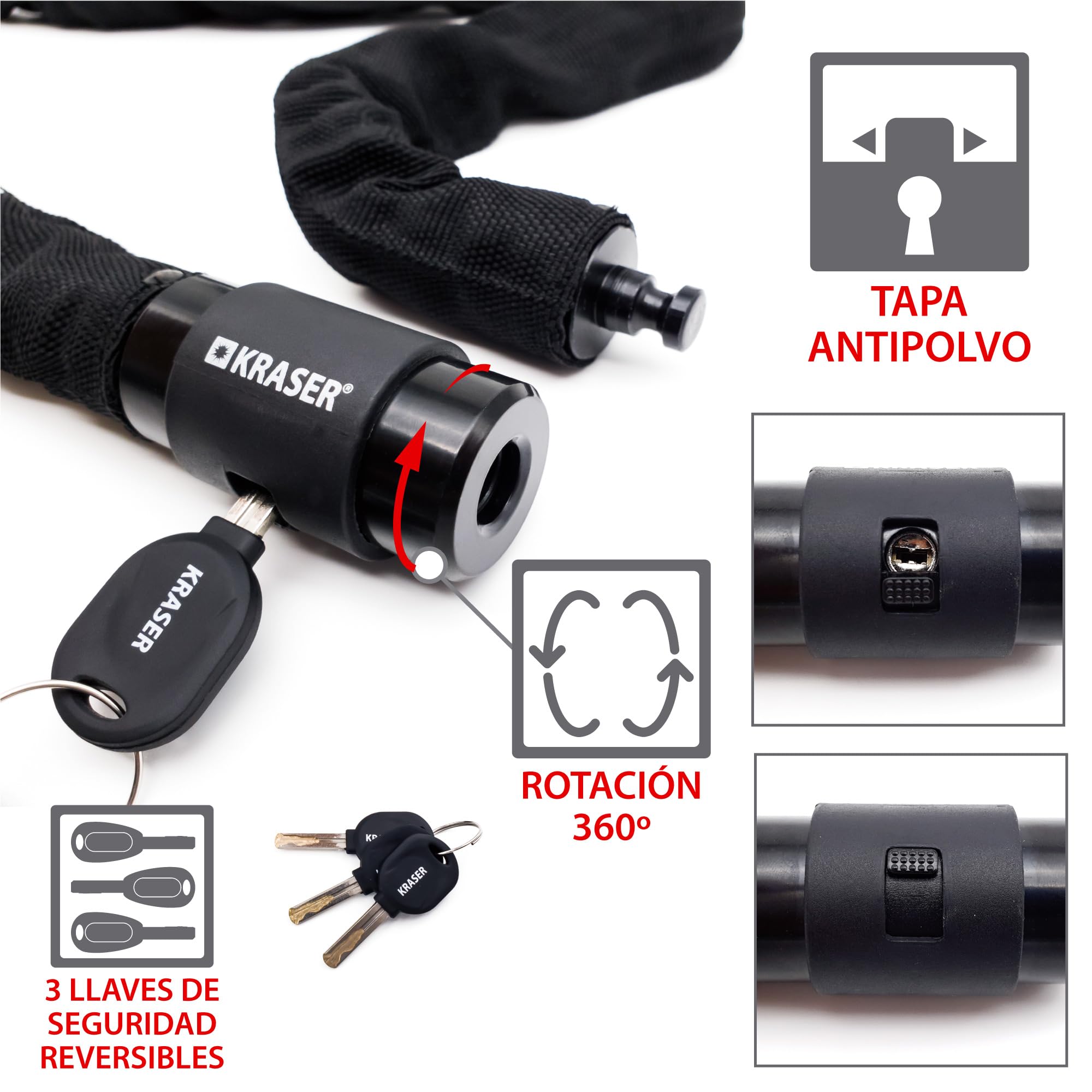 KRASER KR620 Candado Bicicleta Cadena Antirrobo de Acero ø6mm, Cerradura Seguridad, Tapa Giratoria, Cadena Ligera Candado Antirobo Motocicleta, Bloqueo Rueda Universal Moto, Scooter, Bicicleta, 100cm