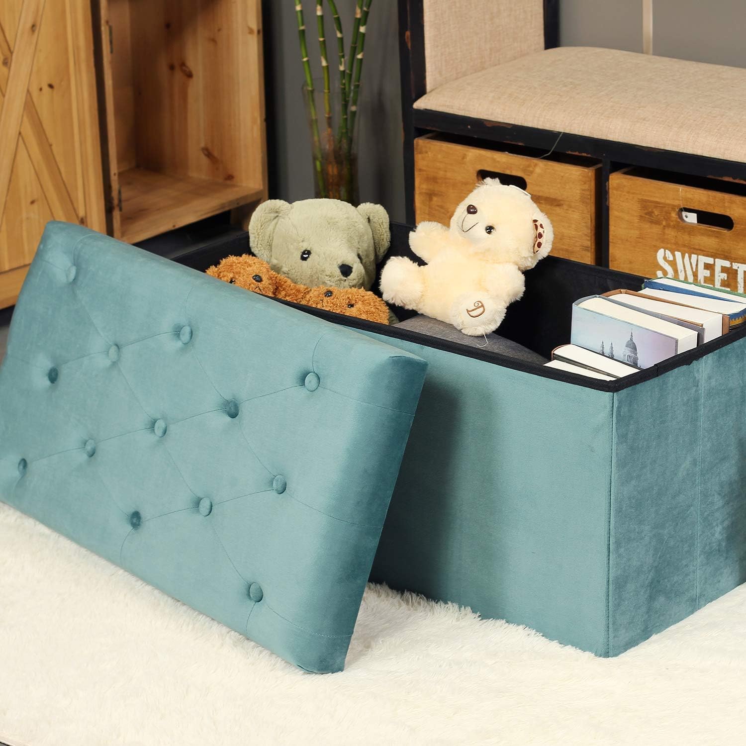 Bonlife Taburete de Almacenamiento Plegable de Franela Baul Grande Dormitorio Caja Almacenaje Retro Interior Banco Madera Juguetes Verde 80x40x40cm
