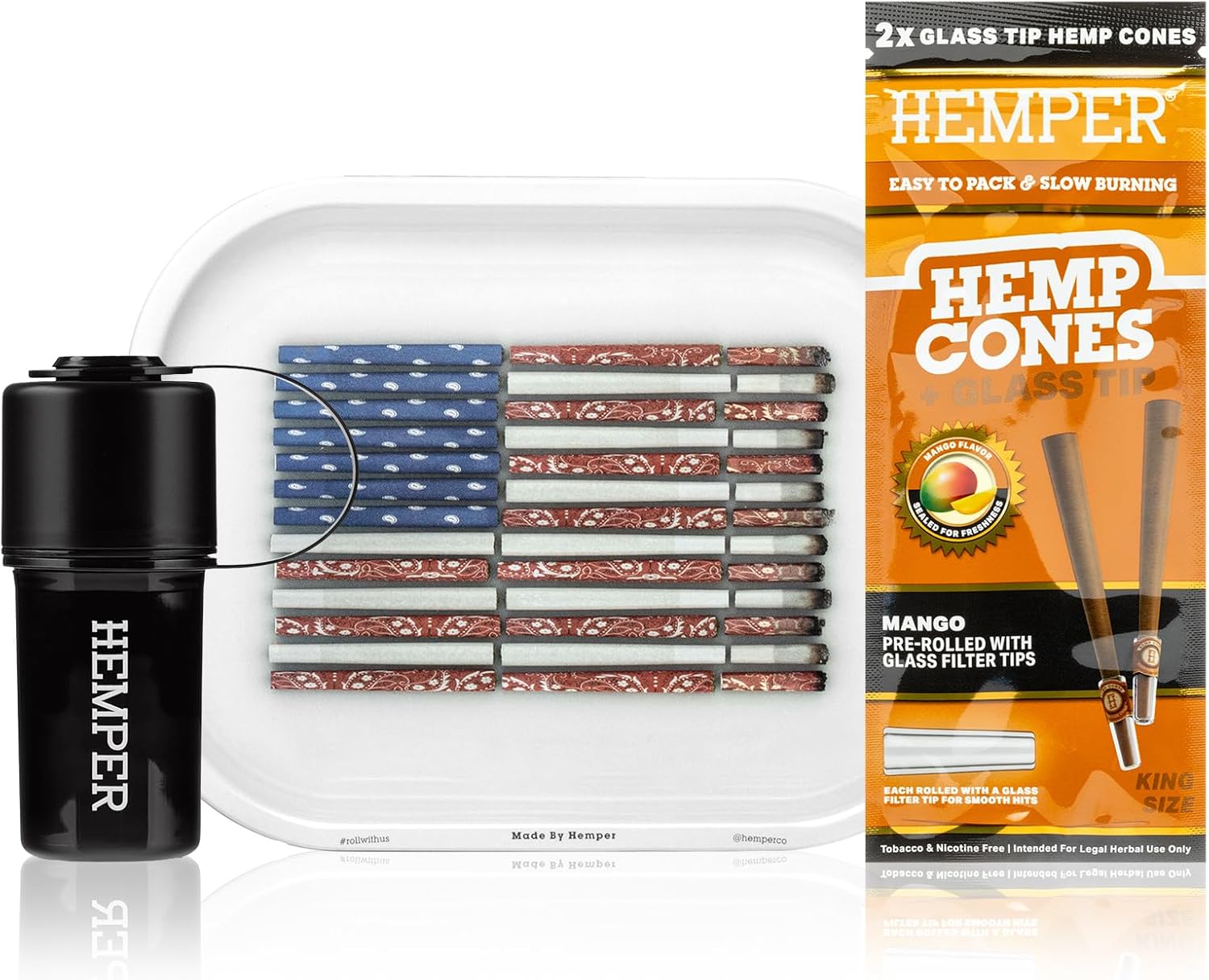 Hemper Keeper Black with Make America Lit Again Rolling Tray (Small) & 2PK King Size Pre-Rolled Cones 12ct (Mango) Bundle – 3‑in‑1 Herb Grinder, Compact Rolling Tray & Glass-Tipped Cones
