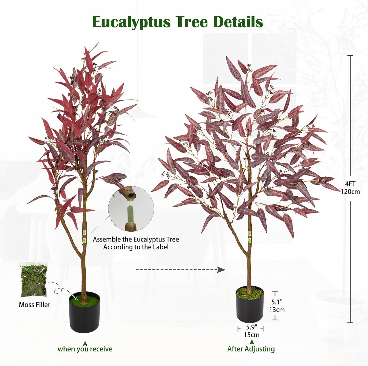 Briful 4ft Artificial Eucalyptus Tree for Fall Decor, Outdoor Farmhouse Red