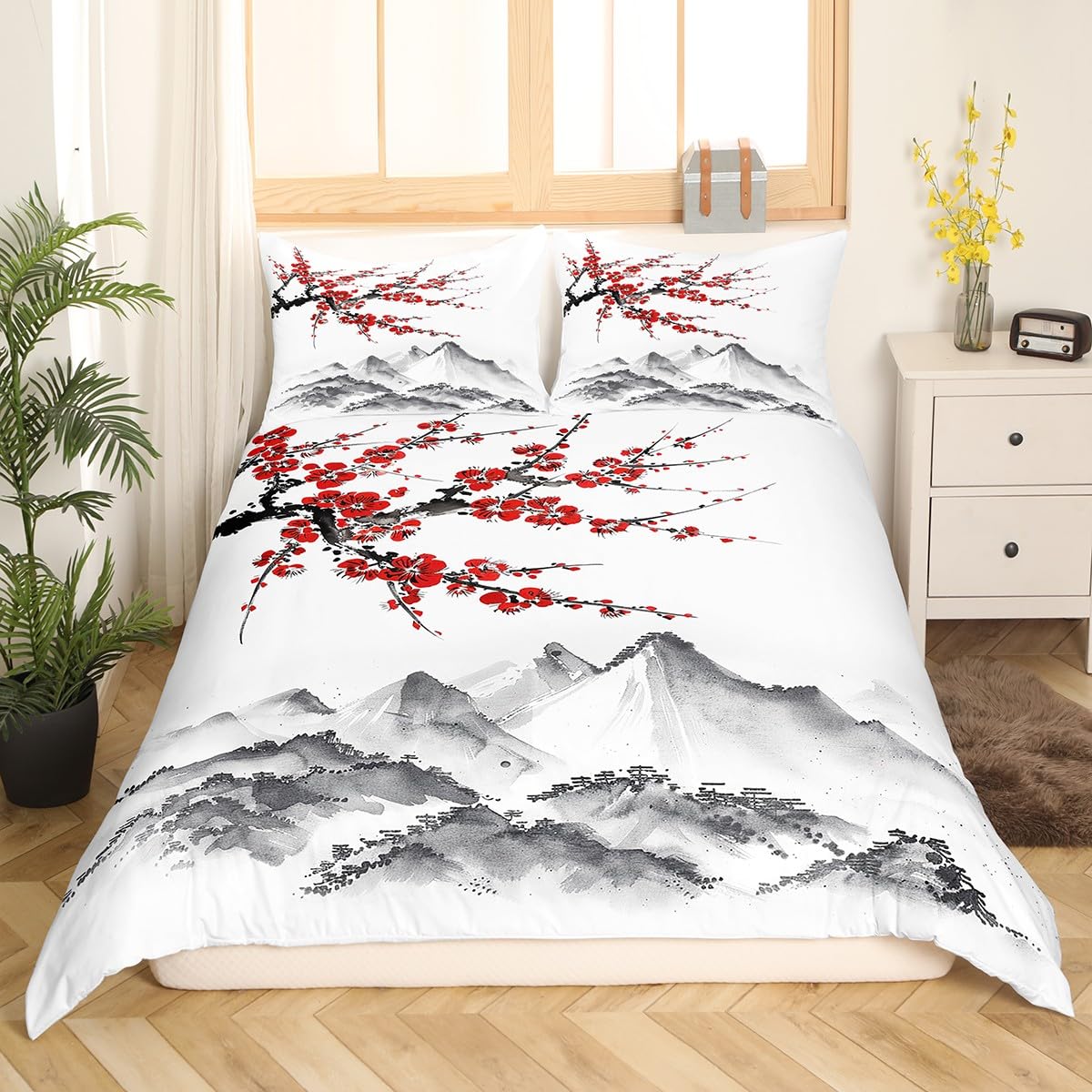 Japanese-Style Comforter Cover Red Cherry Blossoms Printed Bedding Set Mount Fuji Duvet Cover Ink Painting Black White Pattern Bedspread for Adult
