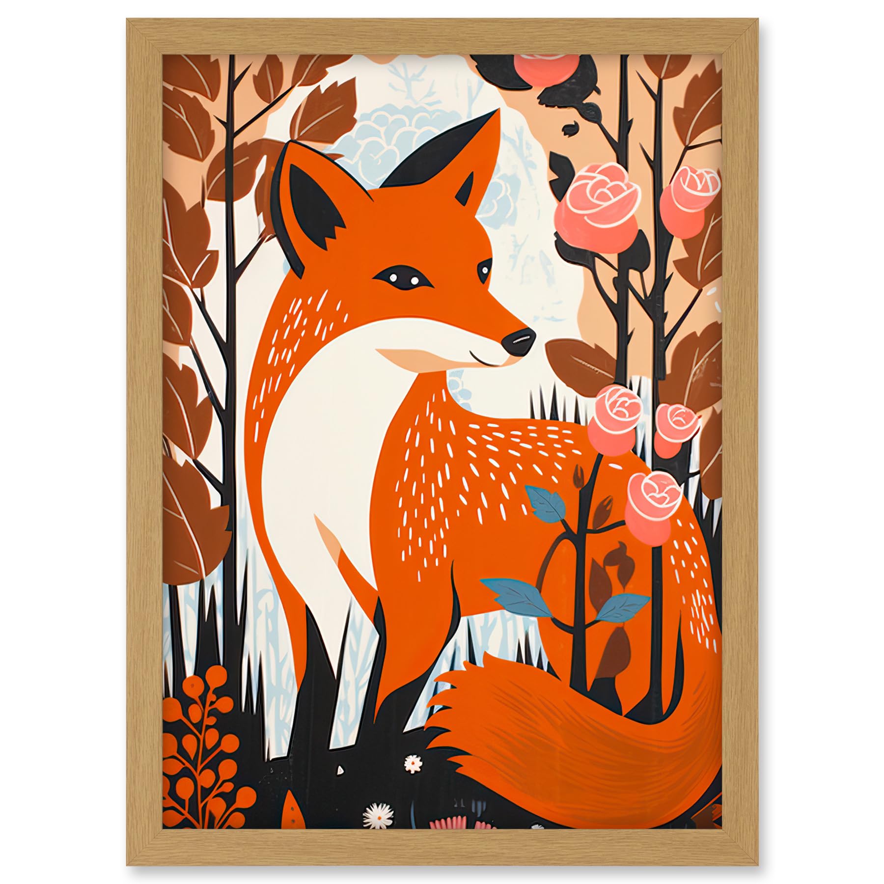 Artery8 The Fox and Rose Bush Pastel Colour Autumn Forest Landscape Flowers Artwork Framed A3 Wall Art Print