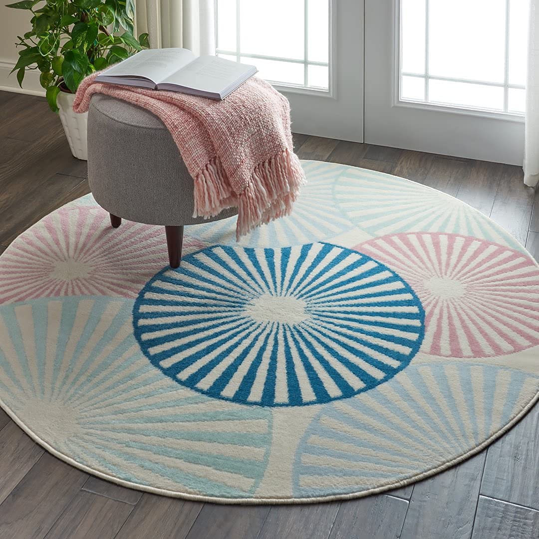 FAREEDA CARPET CREATION Hand Tufted Round Woollen Modern Area Rug for Living Room 3 X 3 Feet (Round) Ivory & Blue