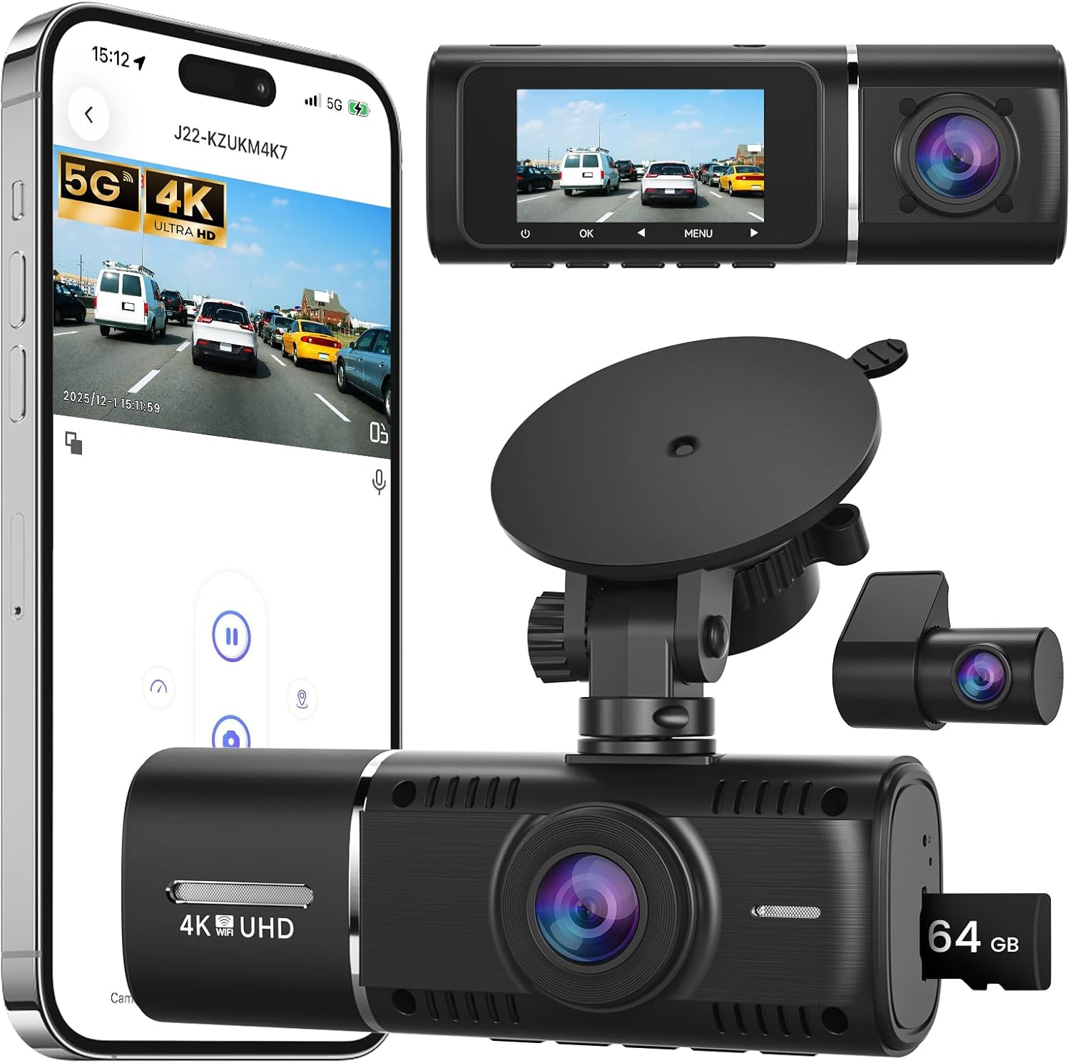 Dash Cam Front and Rear, 4K+1080P Dash Camera with 1.97" Display - Dashcam with 5GHz Wi-Fi APP Control 64GB Card 24H Parking Mode Night Vision Loop Recording WDR 170° Wide Angle G-Sensor Max 256GB