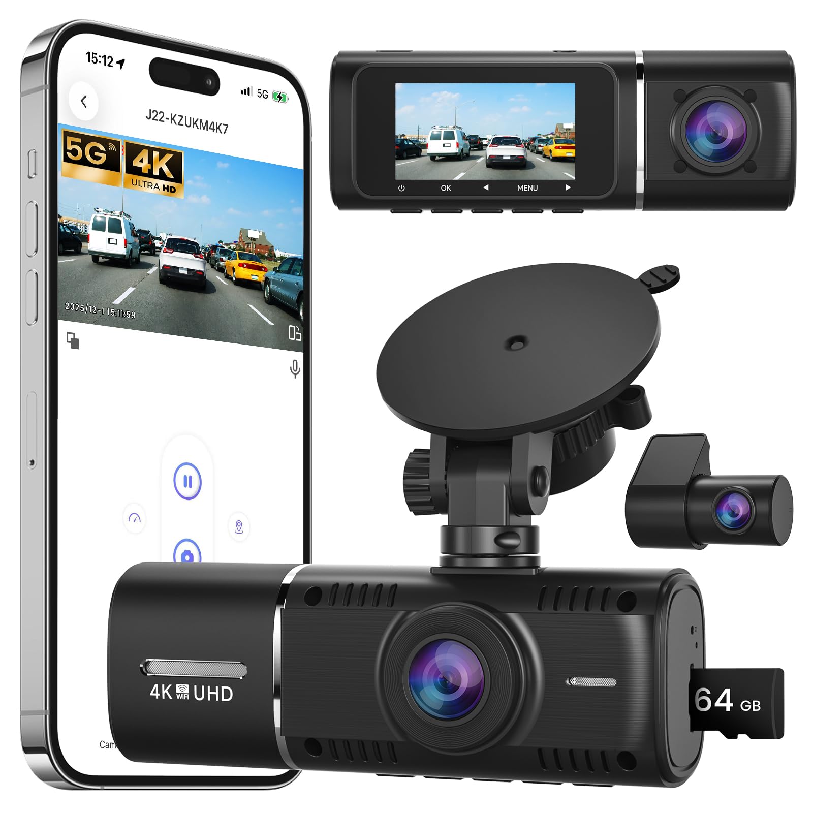 4K 3-K Dashcam vorne und hinten mit 5GHz WiFi G-Sensor Kostenlose 64GB | Sprachsteuerung, 5 cm IPS, GPS, Loop-Aufnahme, Parkmodus, Audioaufnahme, WDR Nachtsicht, 24-Stunden-Parkmodus, max. 256 GB
