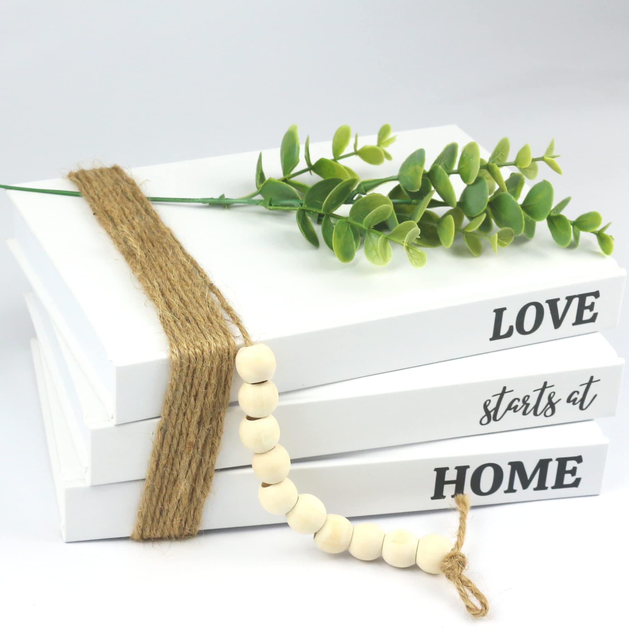 LZAK 3 Piece Decorative Books-Real Blank Hardcover Stacked Book with Hemp Rope, Beads, & Leaves- Display for Coffee Table, Farmhouse, Living Room, & Bookshelf- Rustic Home Decorations,White