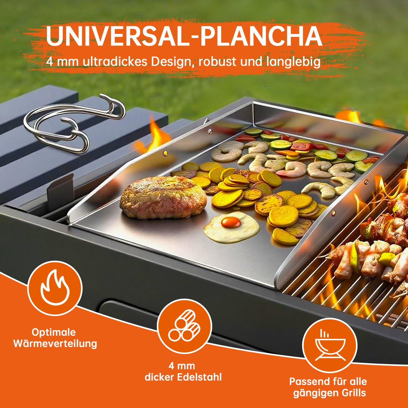 Plaque de cuisson en acier inoxydable - 40 x 30 cm - Épaisseur : 4 mm - Avec poignée amovible - Plaque de cuisson pour barbecue à gaz, barbecue à charbon et hamburgers - Plaques de cuisson