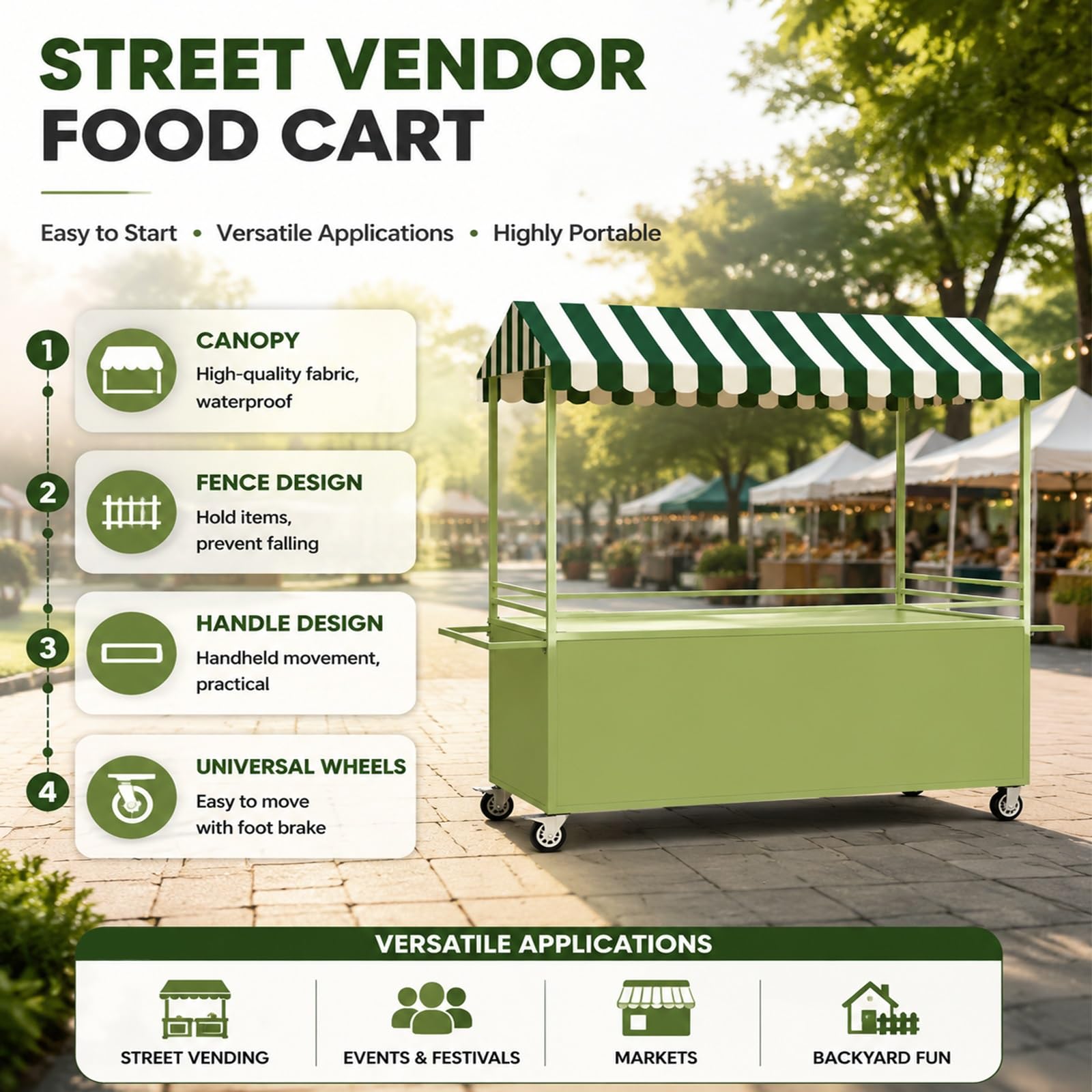 Tragbarer Verkaufswagen mit überdachung, Mobiler Imbisswagen Marktständer Stall, Verkäufer-Dessertstand for Markt, Straßenessen und Veranstaltungen(Blue)