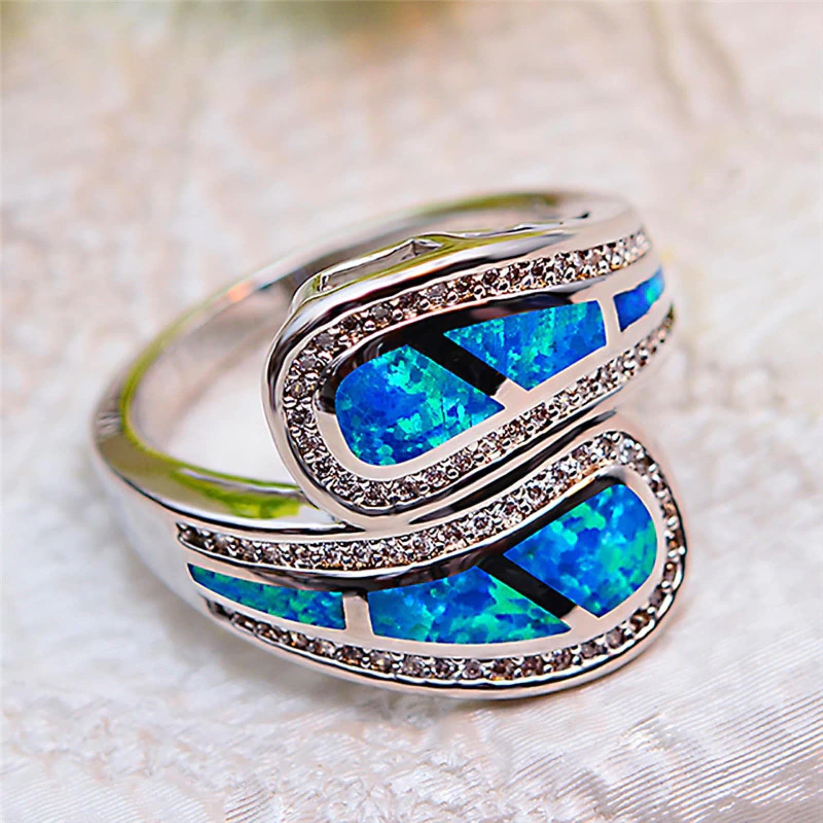 Bioliving Women's Blue Opal White Blue Fire Opal Ring Unique Silver Color Wedding Band Ring Promise Engagement Rings For