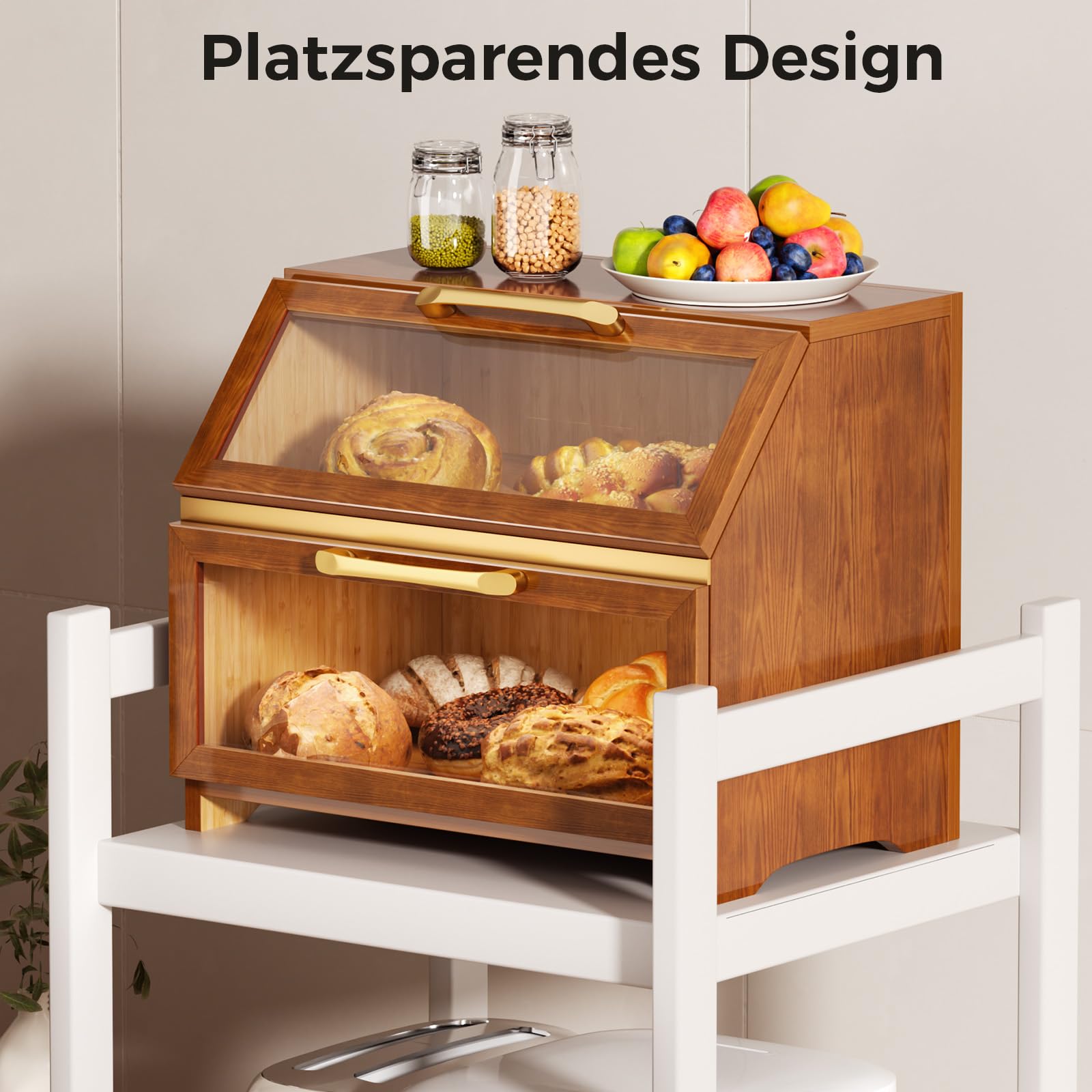 Chlebak z wentylacją z drewna, na blat kuchenny, duży pojemnik do przechowywania chleba na samodzielnie upieczony chleb, organizer w stylu wiejskim do narożnika kuchennego, szafki (orzech K)