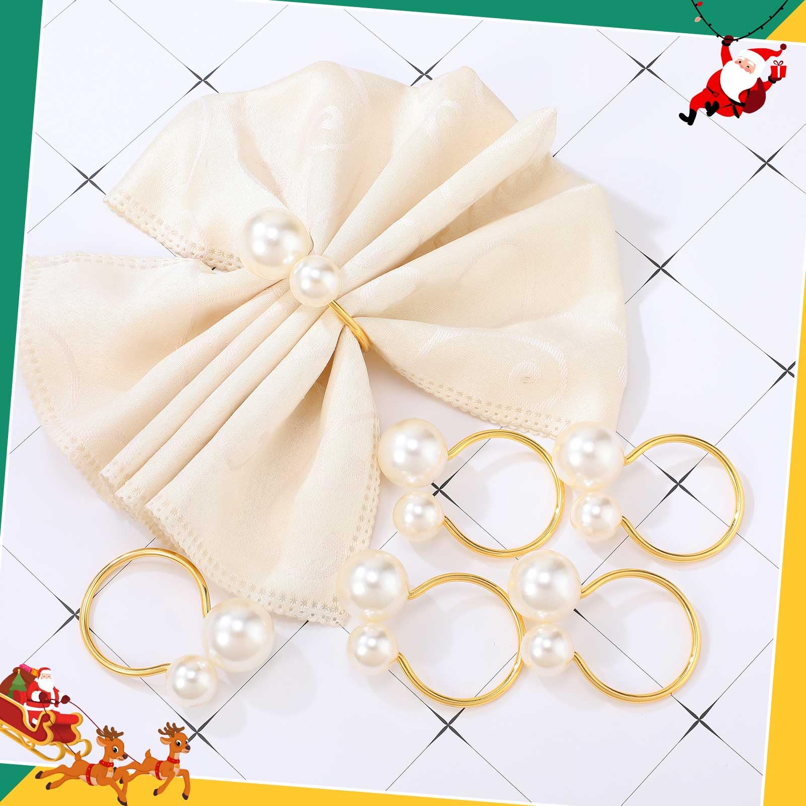 Sliner Lot de 100 ronds de serviette de table en perles dorées pour table de salle à manger, Noël, fête de mariage