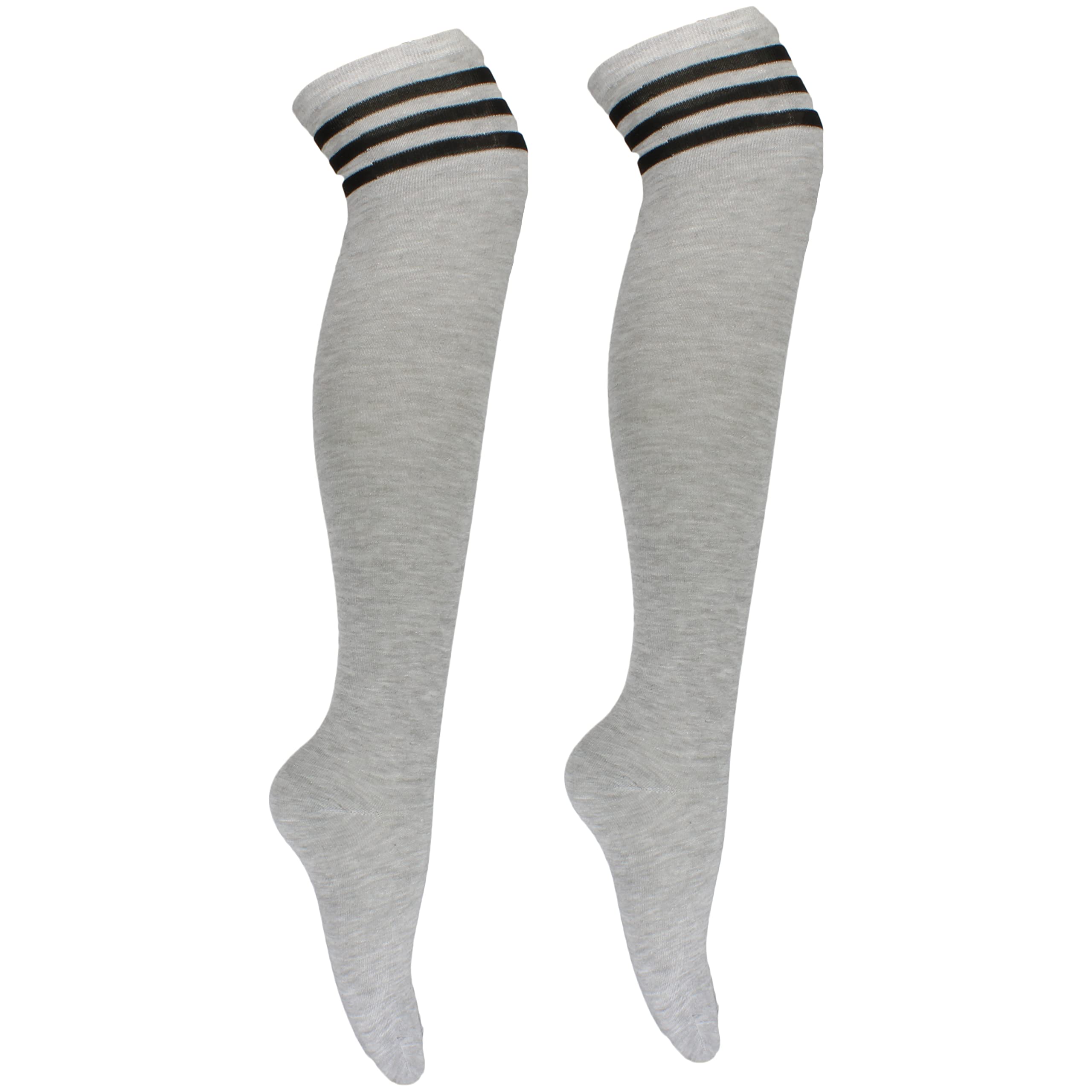 Cherry-On-Top Women's Light Grey/Black Stripe Knee Thigh High Sock Cheerleader Pub Golf Fancy Dress Stripe Socks