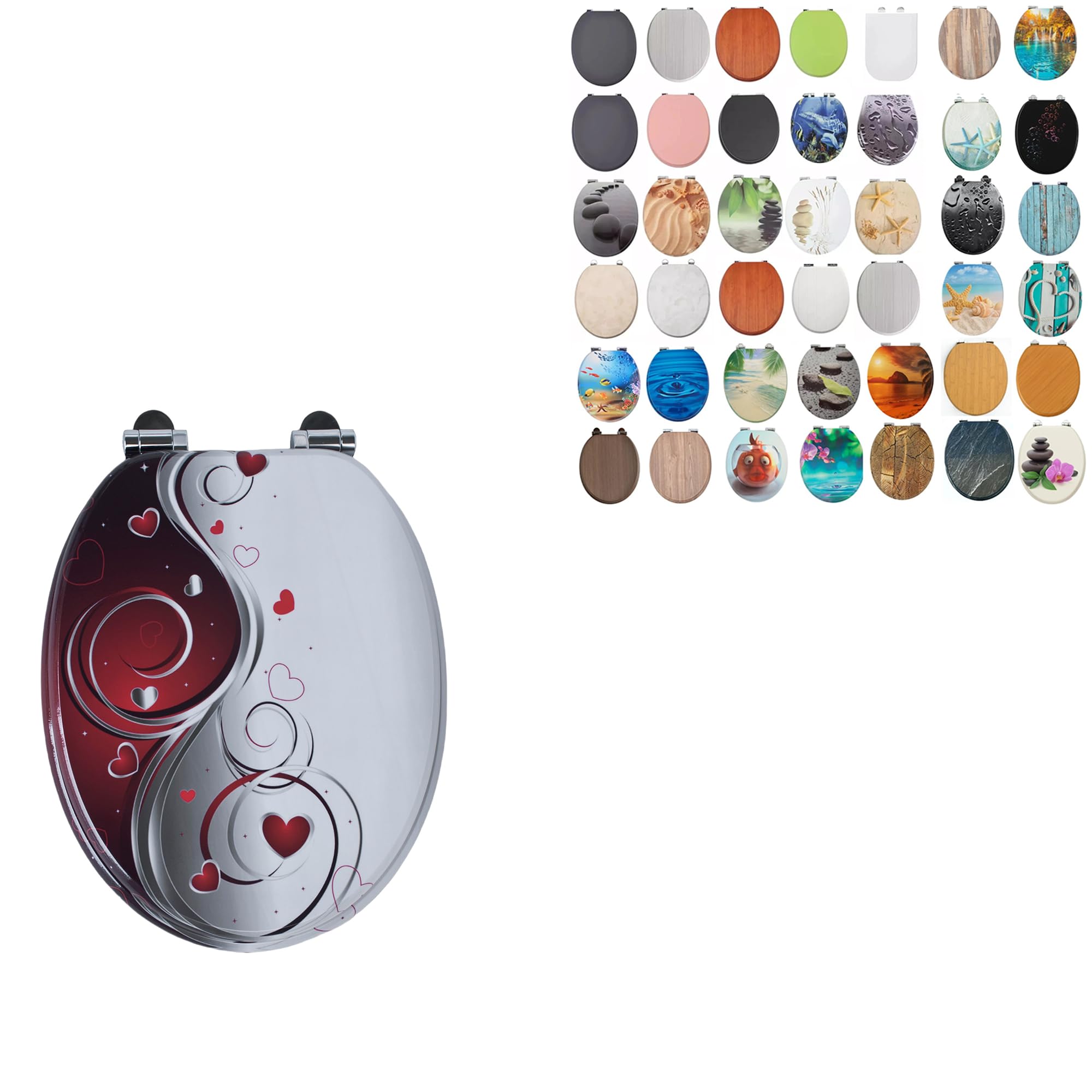 Duas Multiple Colour Options 18" Universal Mdf Wc Toilet Seat – Easy Fit With Strong Zinc Alloy Hinges, Smooth Wipe Surface – Fits All Water Closets (Heart Swirl Design)