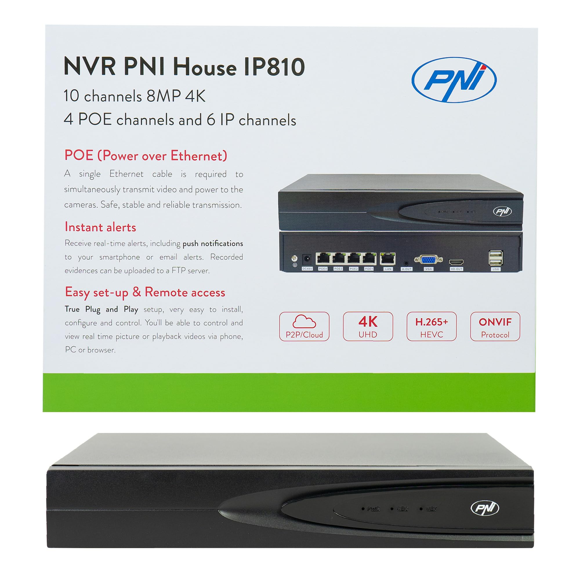 NVR POE PNI House IP810 con 10 canali 4K 8MP, 4 canali POE e 6 canali IP, Funzioni AI
