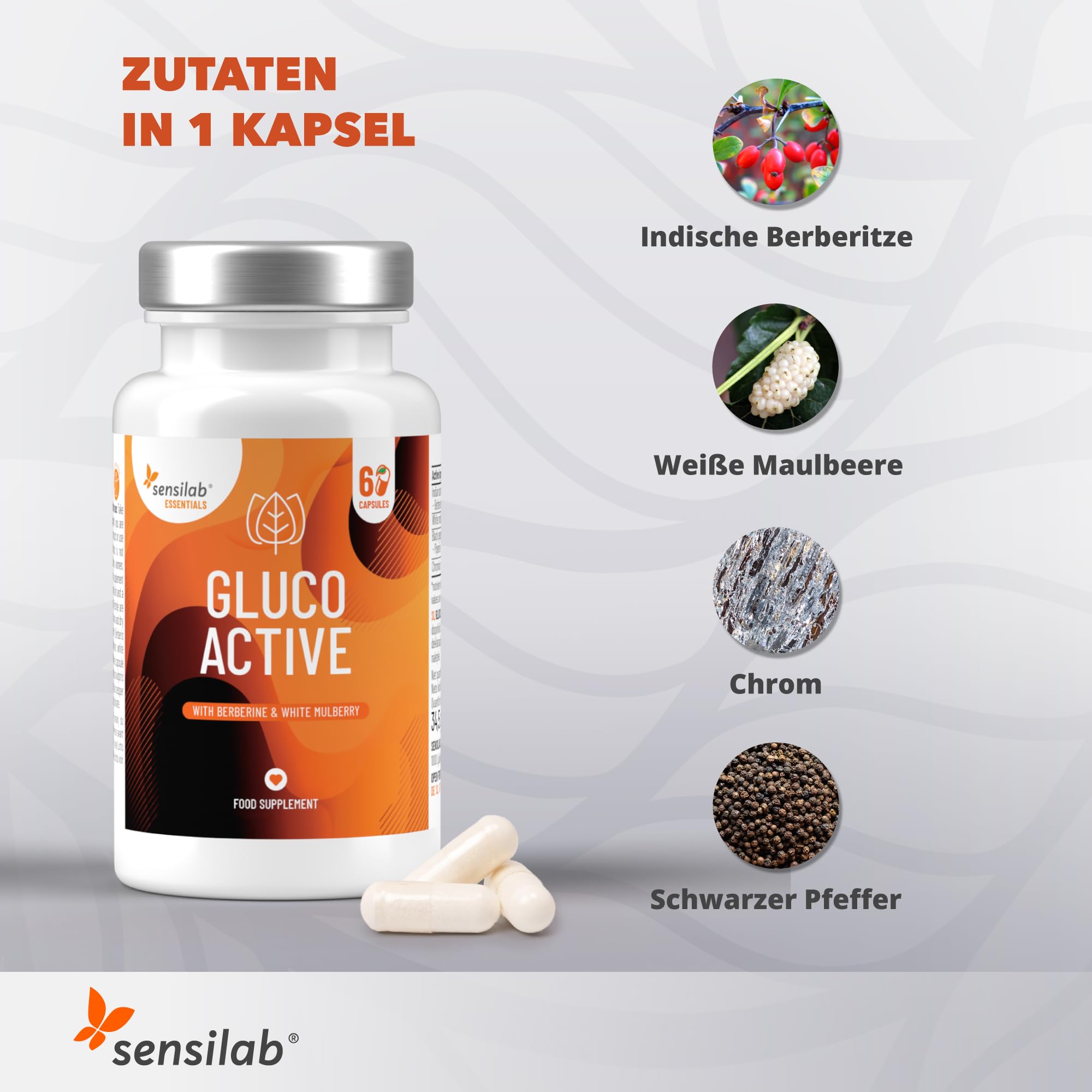 Gluco Formula mit Berberin, Chrom und weißer Maulbeere, Vegan, 60 Kapseln, Essentials Gluco Active von Sensilab