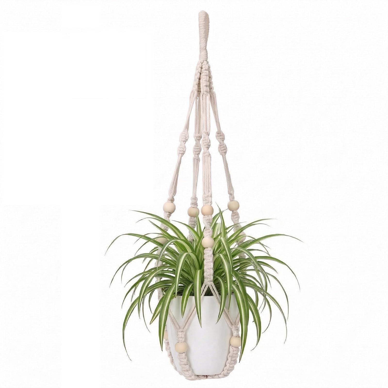 mivofo Macrame Plant Hanger Indoor, 23" No Tassel Hanging Plant Holder, Sturdy Flower Pot Holder with 2 Hooks - Ivory (Pot NOT Included)