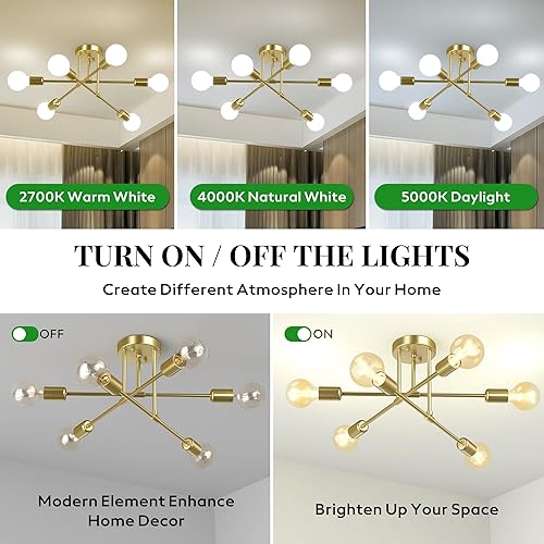 Miniatura 6 de Moderna lámpara Sputnik de techo, 6 luces de 22 pulgadas, de metal industrial de mediados de siglo, montaje semiempotrado para comedor, dormitorio,