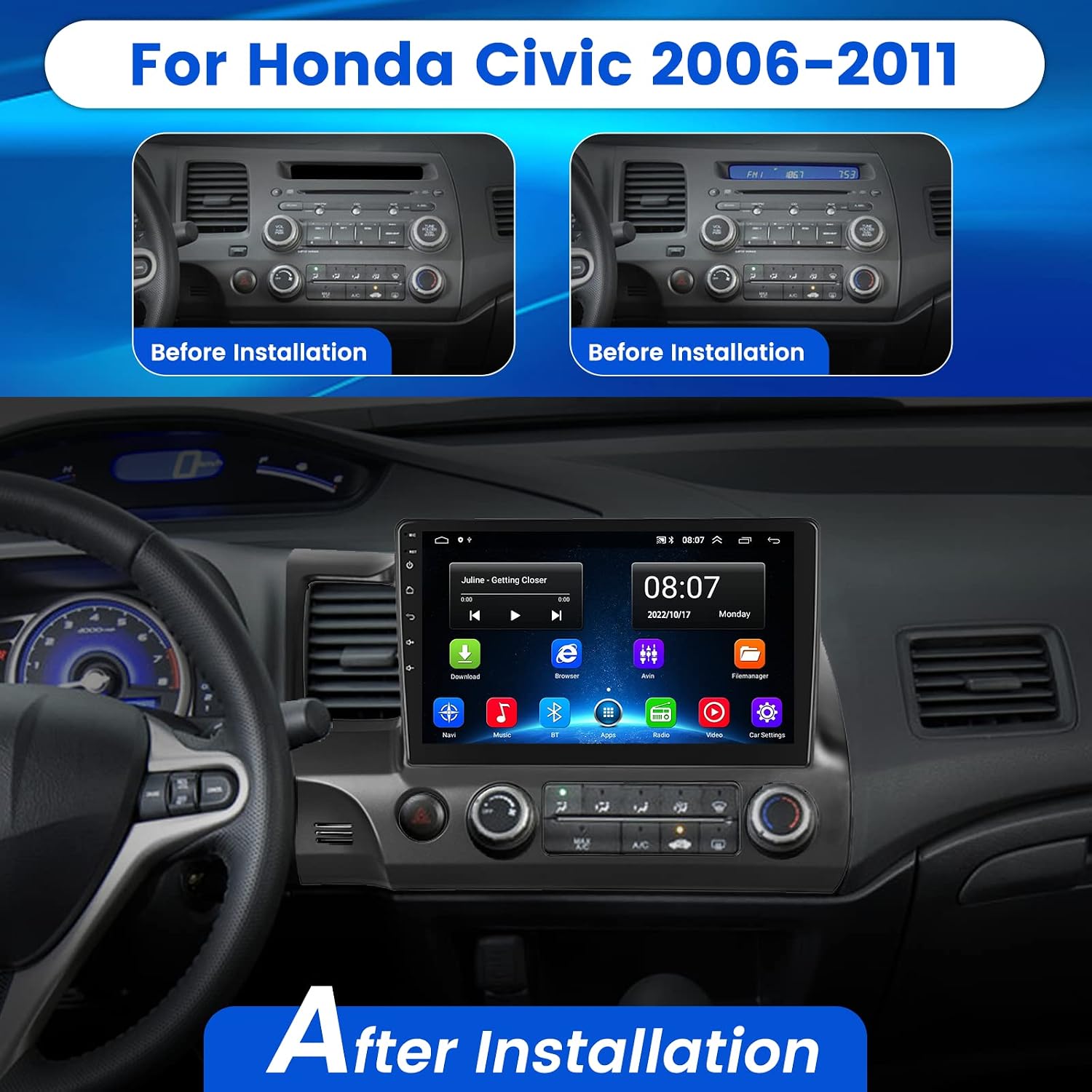 10 1 inch car stereo for honda civic 2006 2007 2008 2009 2010 2011 android touch screen car radio with bluetooth gps navigation rds backup camera 2g